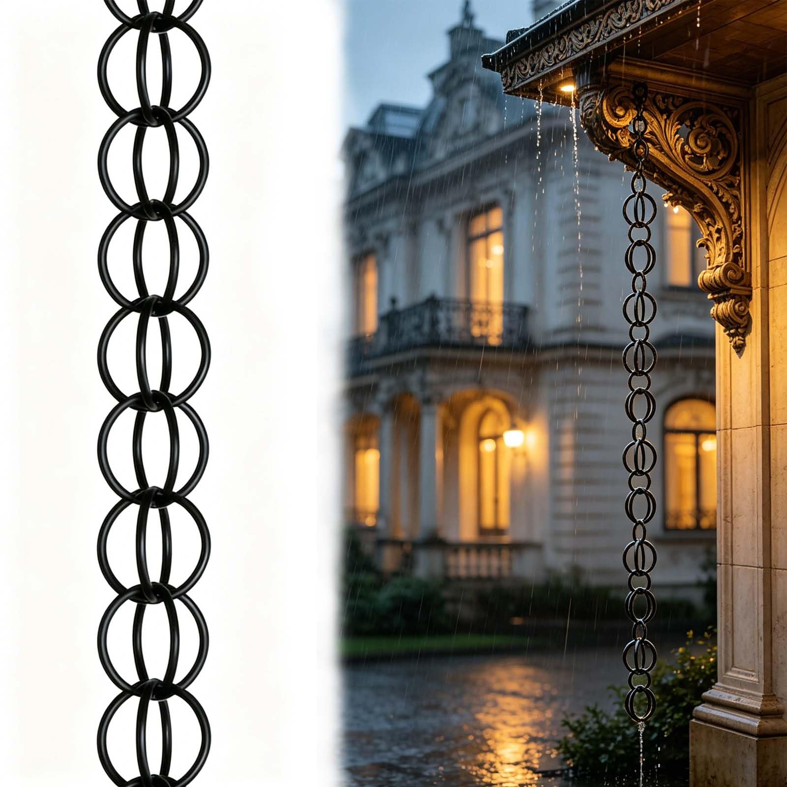 Kilvanx Rainwater Water Catcher/Diverter, Metal,Aluminum Alloy Gutter Chain Waterfall, For Decorative Outdoor Gutter Drainage System For Roof,Replace Your Downspout,Garden For Mom, Black