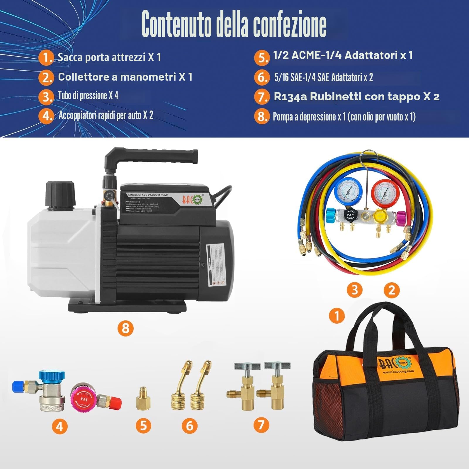 BACOENG 4.5CFM Pompa Vuoto per Condizionatori con Kit Manometri Condizionatori 4 Vie per Mini Split/HVAC/Auto AC, Kit Ricarica Aria Condizionata per R134A R410A Refrigeranti