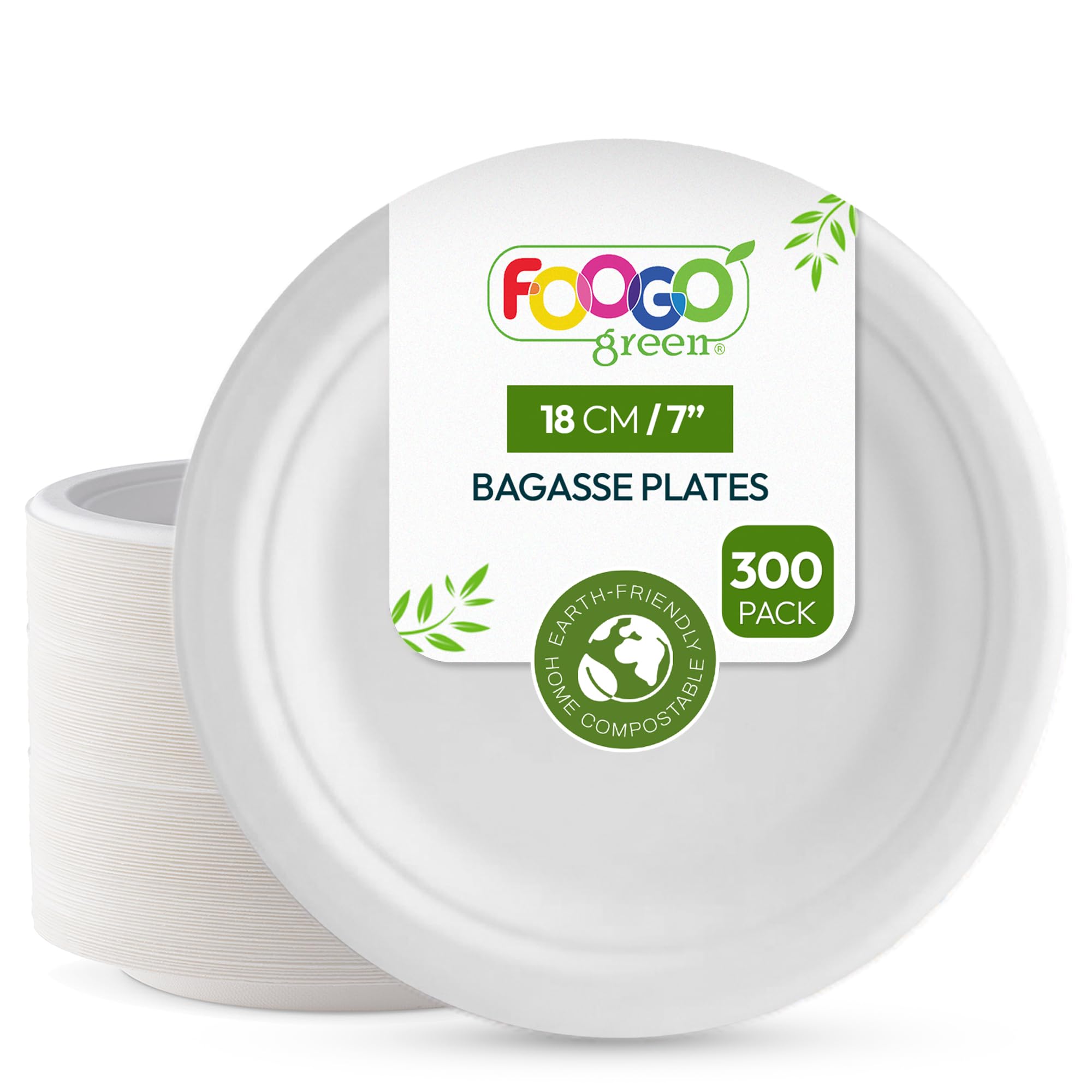 FOOGO Green 300 Piatti Monouso Canna da Zucchero, Tondi 18cm, Compostabili | Fibra di canna da zucchero, biodegradabili e compostabili, resistenti a cibi caldi, per feste, picnic e asporto