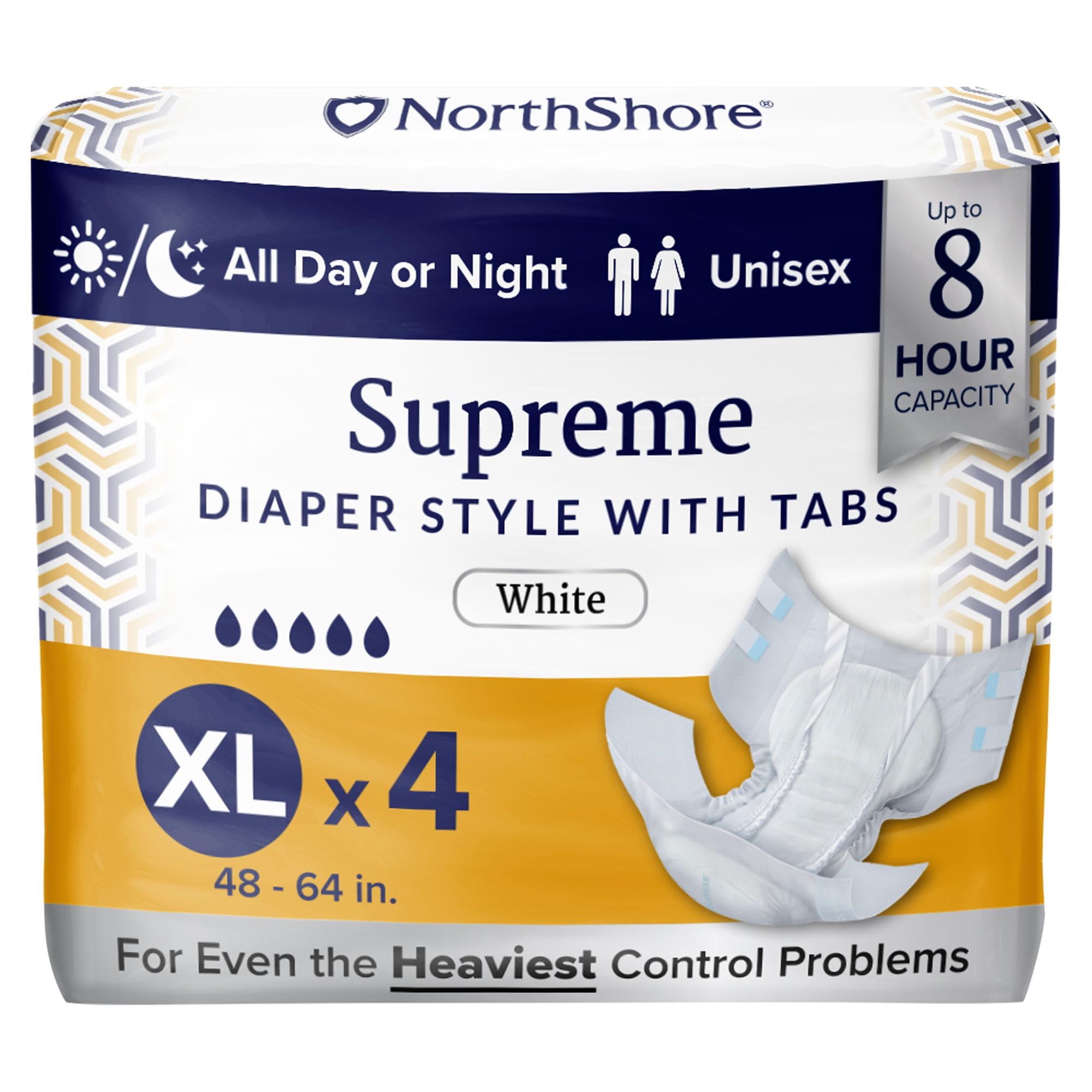 NorthShore Supreme Incontinence Tab-Style Briefs for Men and Women, White, X-Large, Starter Pack/4