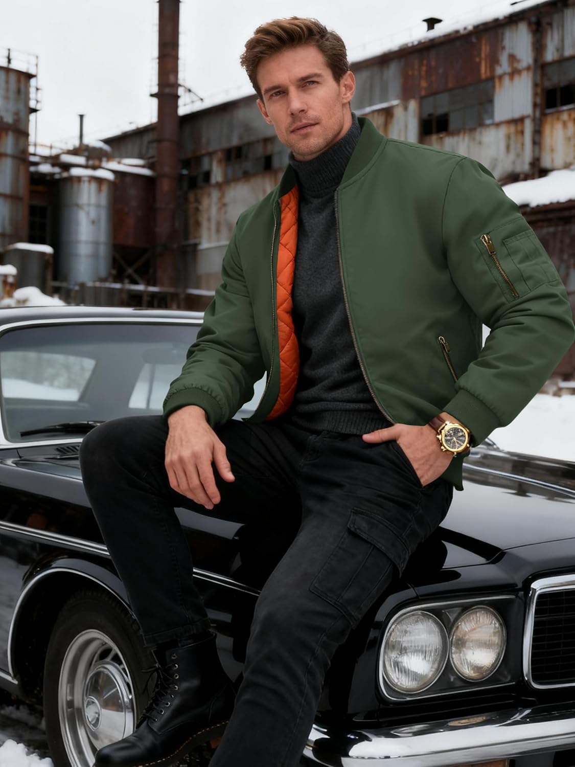 KEFITEVD Bomber Jacket Men Winter Coats Full Zip Windbreaker Mens Jackets Casual Work Coats - Image 2