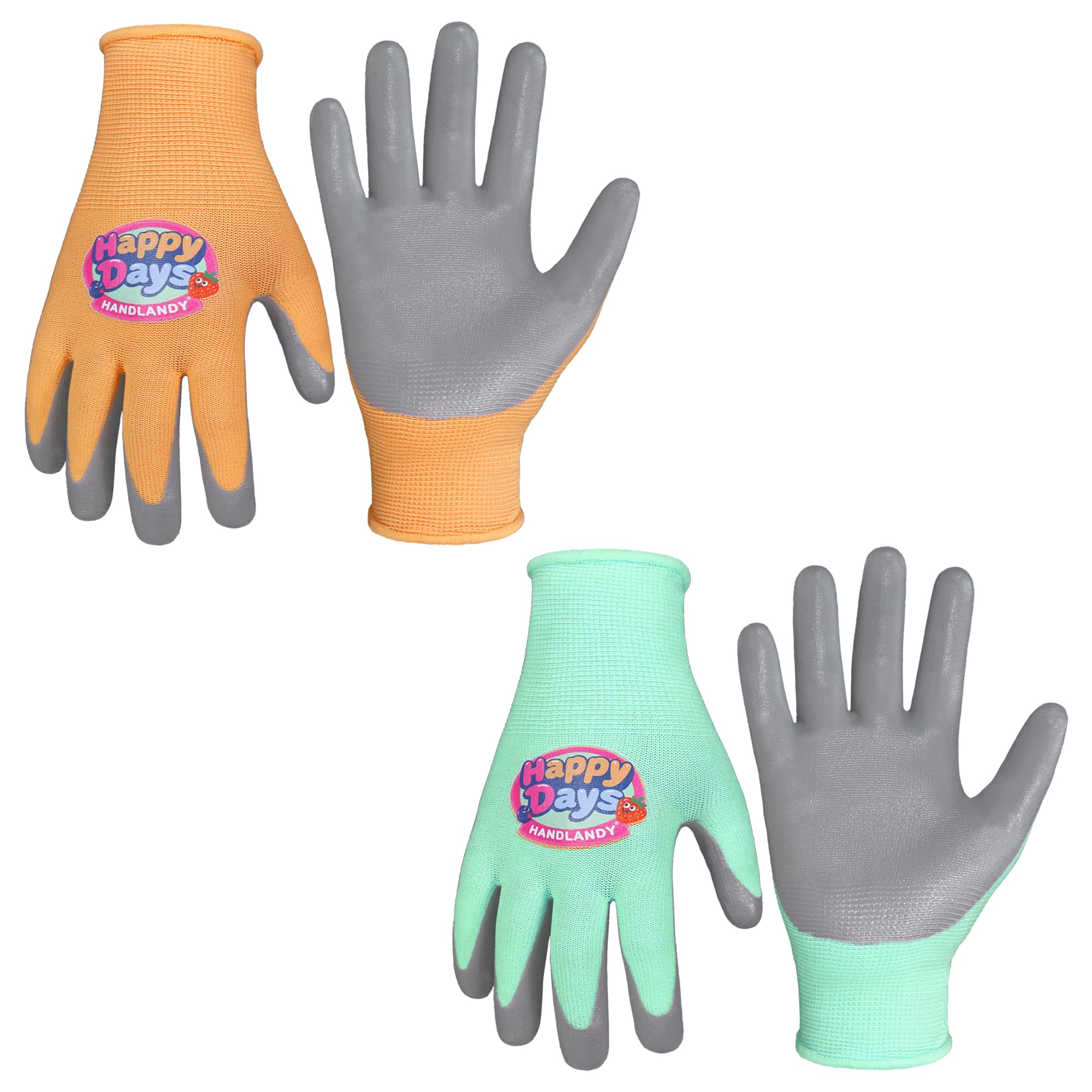 HANDLANDY 2 Pairs Kids Gardening Gripper Gloves, Foam Nitrile Coated Children Toddler Garden Yard Work Outdoor Playing Gloves for Girls Boys (Gray Orange & Green, S)