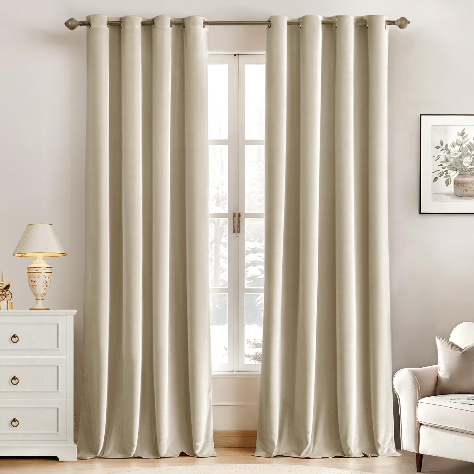 MIULEE Light Beige Velvet Curtains for Bedroom 2 Panel Set 102 Inch Drop Curtains, Soft Elegent Home Decor Velvet Curtain Living Room, Sun Blocking Room Darkening Thermal Eyelet Curtain 55x102 Inch