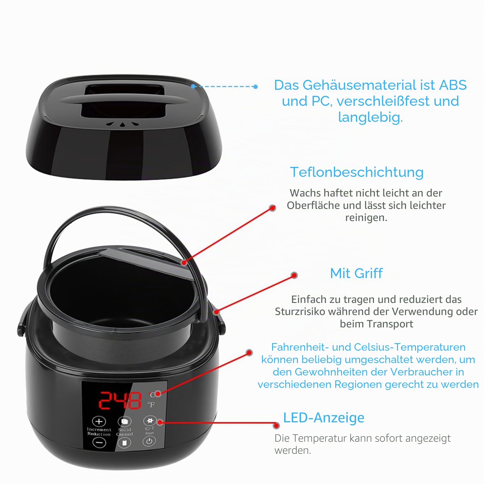 Wachswärmer, Wachs Haarentfernung Waxing Set Haarentfernungsgerät Harter Heißwachs Wärmer LED-Anzeige mit 4 Hartwachs-Bohnen und Applikatorstäbchen für Ganzkörper, Beine, Gesicht, Augenbrauen