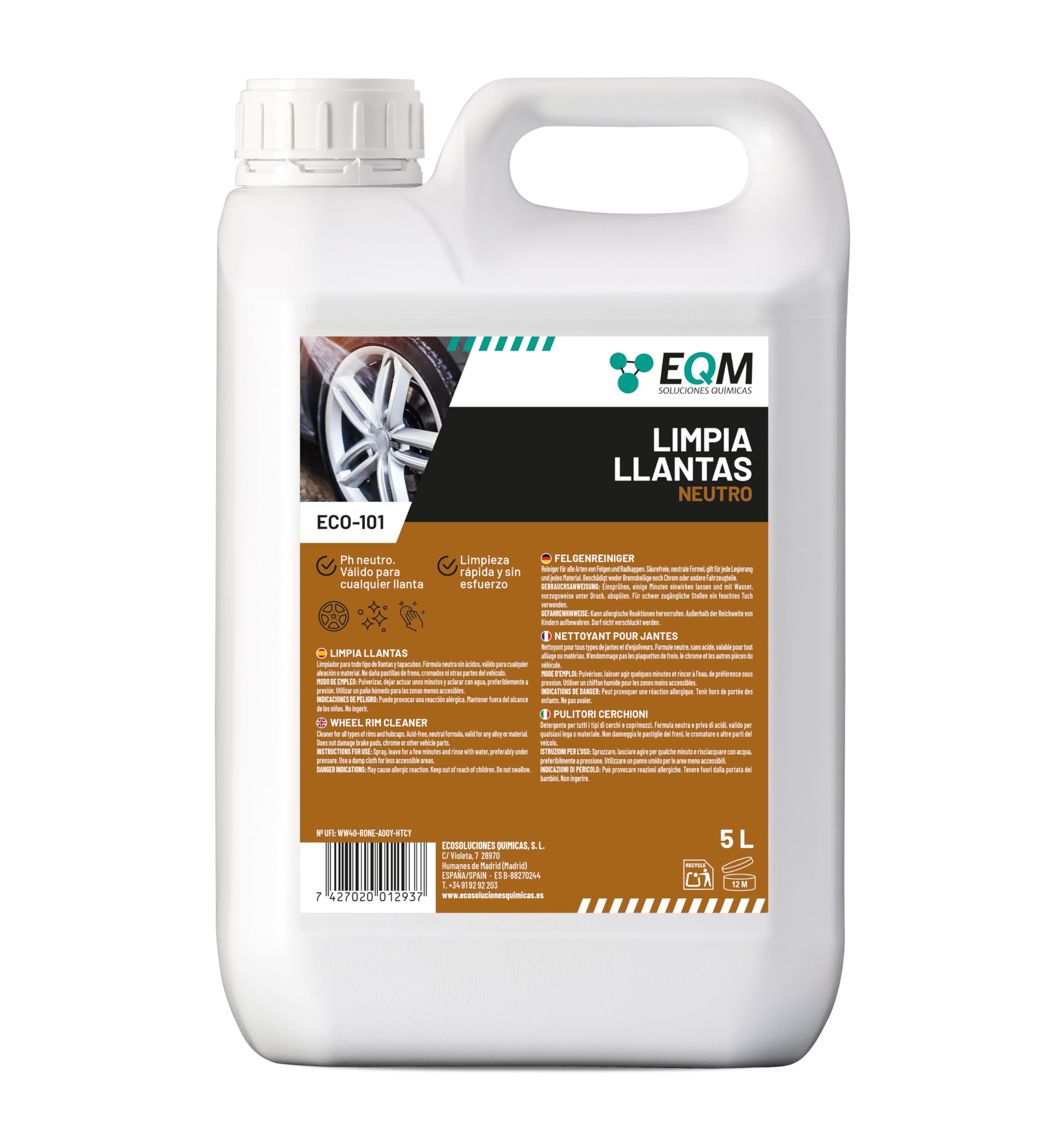 EQM - ECO-101 - Limpia Llantas Coche - 5L - Sin ácidos, pH Neutro - Elimina la Suciedad sin Esfuerzo - Todo Tipo de Llantas - Potente y Seguro