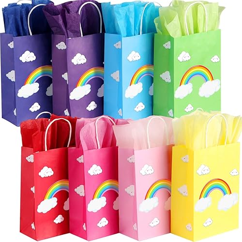 PINWATT 32 bolsas de regalo de fiesta arcoíris con 32 papeles de seda, bolsas de regalo pequeñas de 8.7 pulgadas con asa para suministros de fiesta,