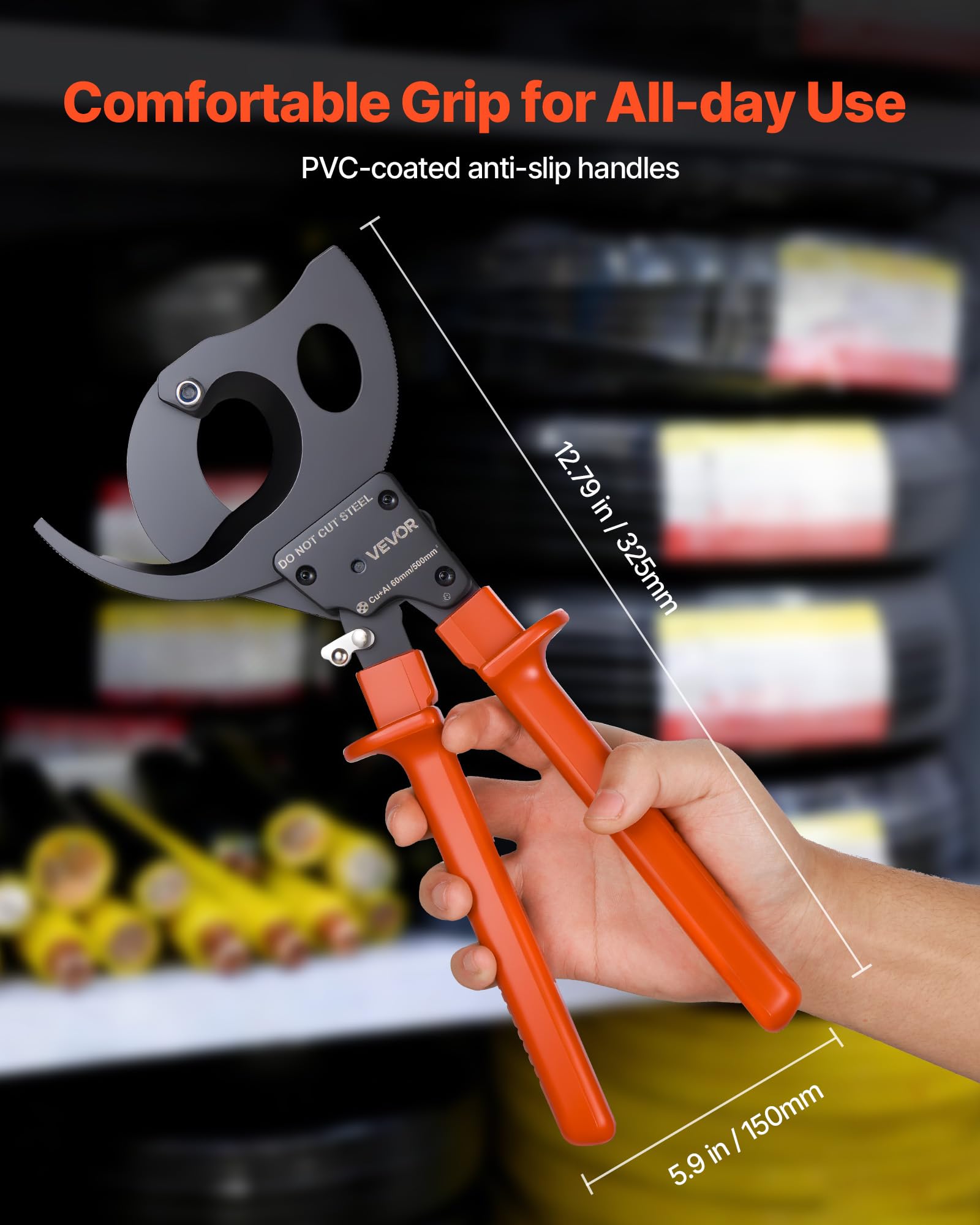 VEVOR Cortador de Cables de Trinquete 325 mm, Cortador de Alambres y Cables de Cobre-Aluminio 300 mm², Cortacables con Hojas de Acero con Mangos Recubiertos de PVC y Botón de Liberación Rápida