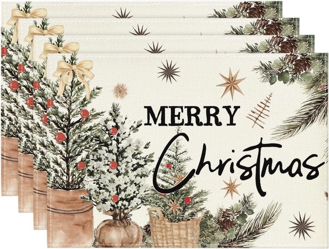 Artoid Mode Xmas Trees Holly Pine Cone Merry Christmas Placemats Set of 4, 12x18 Inch Seasonal Winter Holiday Table Mats for Party Kitchen Dining Decoration 12" x 18", Rectangular 4 Pcs Beige