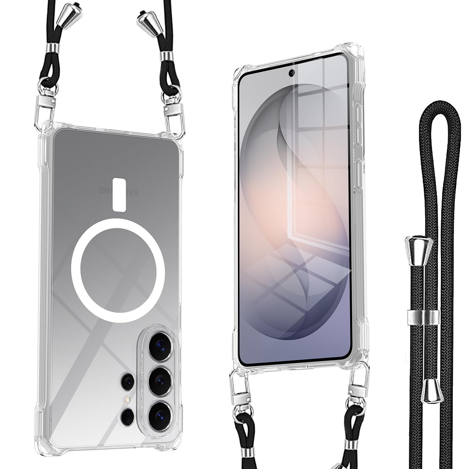 Galaxy S26 Ultra 5G ケース Magsafe対応 マグネット搭載 for Samsung ギャラクシーS26 ウルトラ 2026 ケース ショルダー ストラップ2枚付き 紐付き 首掛け 肩がけ 斜め掛け 長さ調整可能ピクセル7a カバ－ストラップホール付き 耐衝撃 シリコン 柔軟 透明TPU 超軽量 極薄 滑り止め スマホケース 取り外し可能 落下防止 ワイヤレス充電対応 クリア