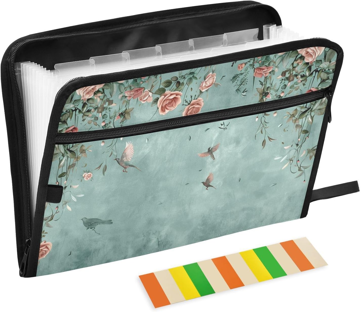 Retro Floral Expanding File Folder with Color Bar Label 13 Pocket Accordion Document Organizer Zip File with Zipper Closure Front Pocket