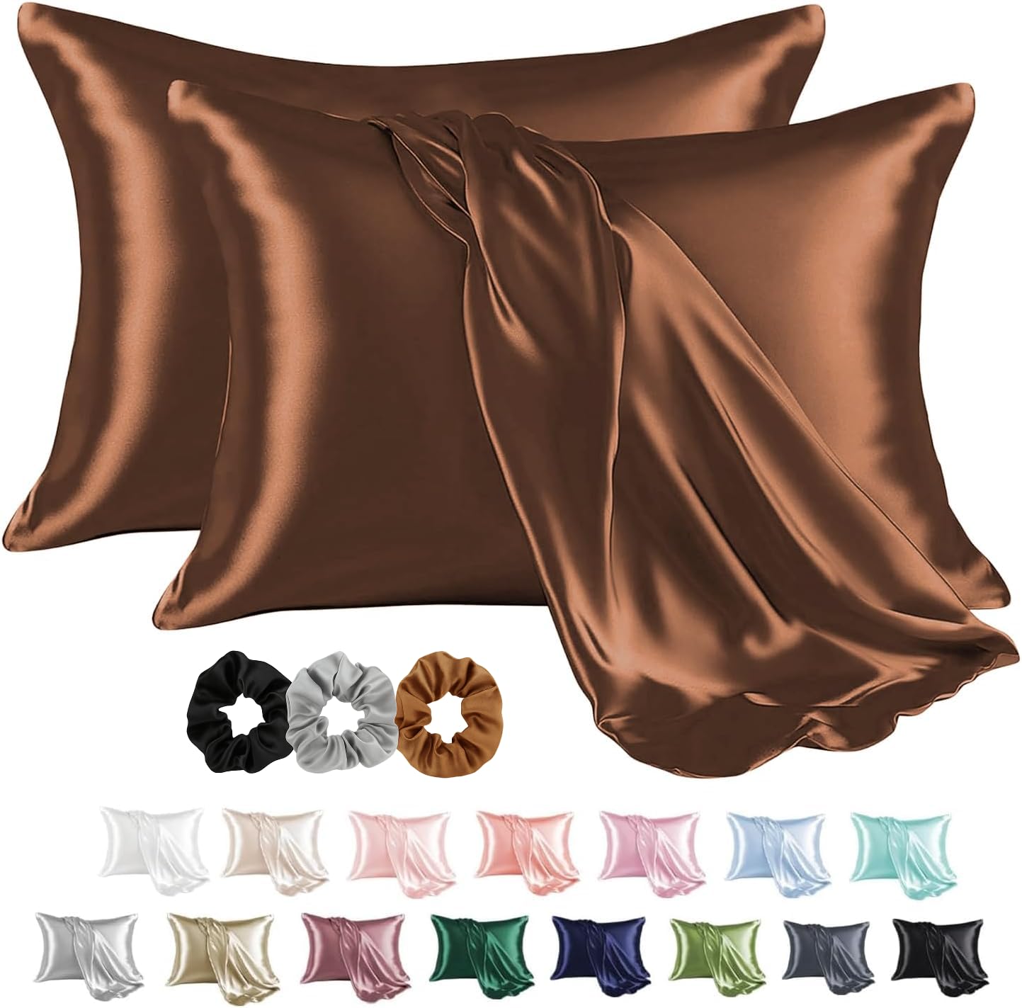 CRAFTELIO Satin Pillowcase Set of 2 with Silk Bonnet for Curly Hair + 3 Satin Scrunchies | Silk Hair Cap for Sleeping | Satin Pillow Covers for Skin & Hair | Gift Combo for Women (Brown)-image-39