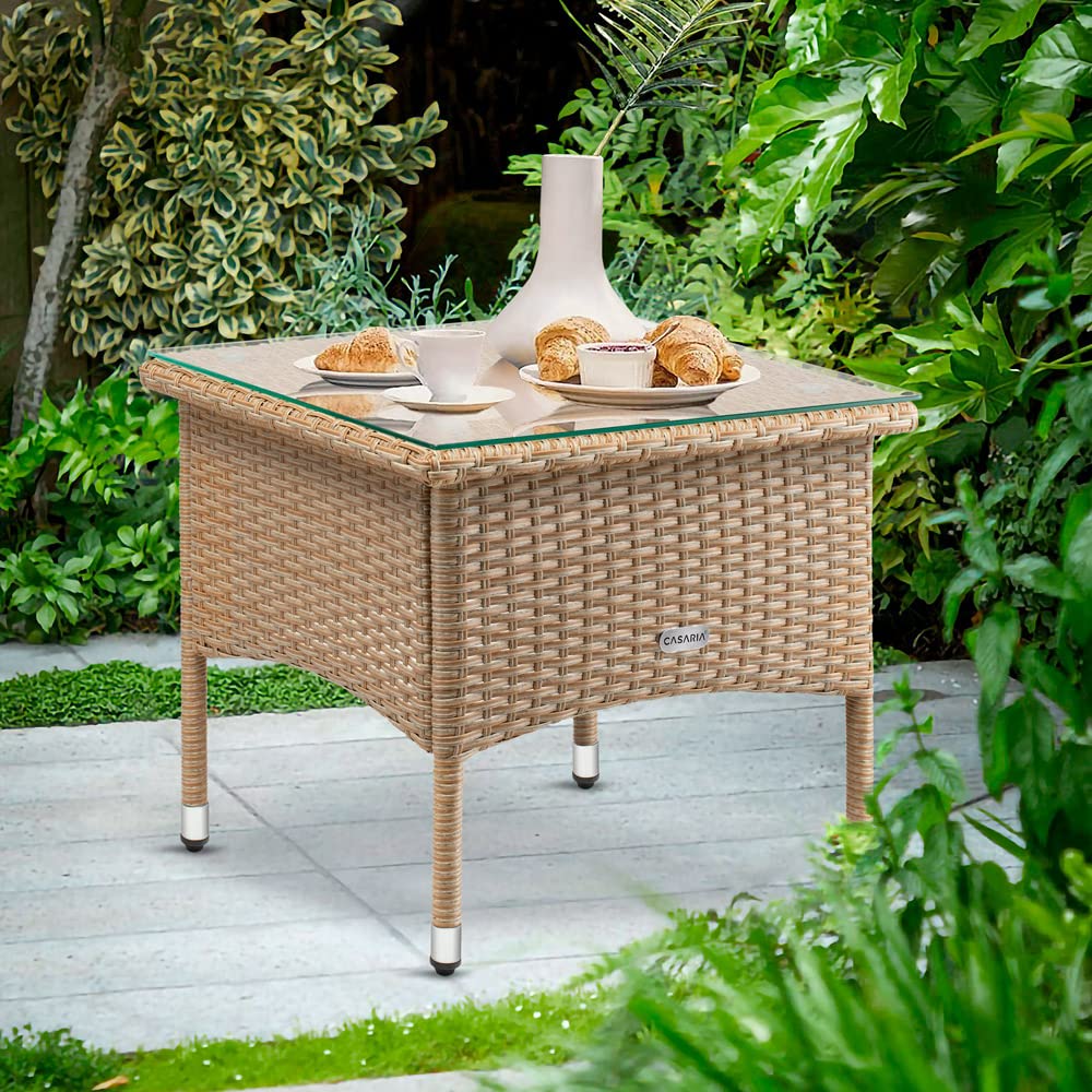 CASARIA® Mesita de Centro Poliratán 50x50x45cm Carga hasta 80Kg Mesa Auxiliar Jardín Ajustable en Altura Tablero Vidrio Resistente Intemperie Crema