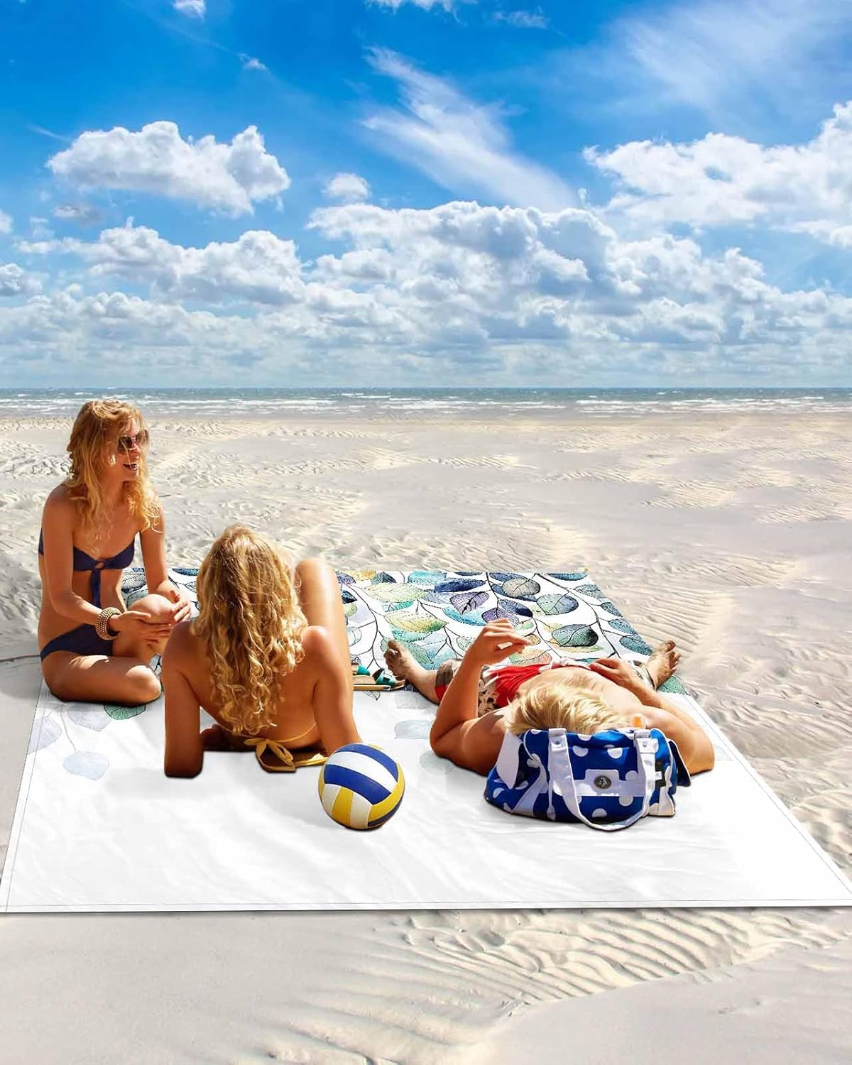 Watercolor Botanical Leaves on White Beach Blanket Waterproof Sandproof Outdoor Picnic Mat 95"x80" Seamless Colorful Foliage Plant Lightweight Large Beach Blankets with 4 Stake & 4 Corner Pockets