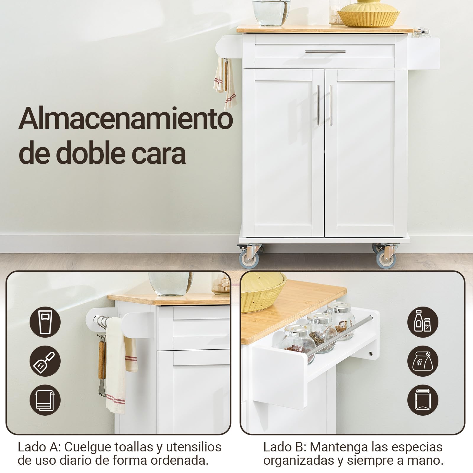 SoBuy FKW13-II-WN Luxus-Carrito de Cocina con Piso, Estantería de Cocina, Carrito de Servir de Bambú, 66 x 46 x 91 cm, ES