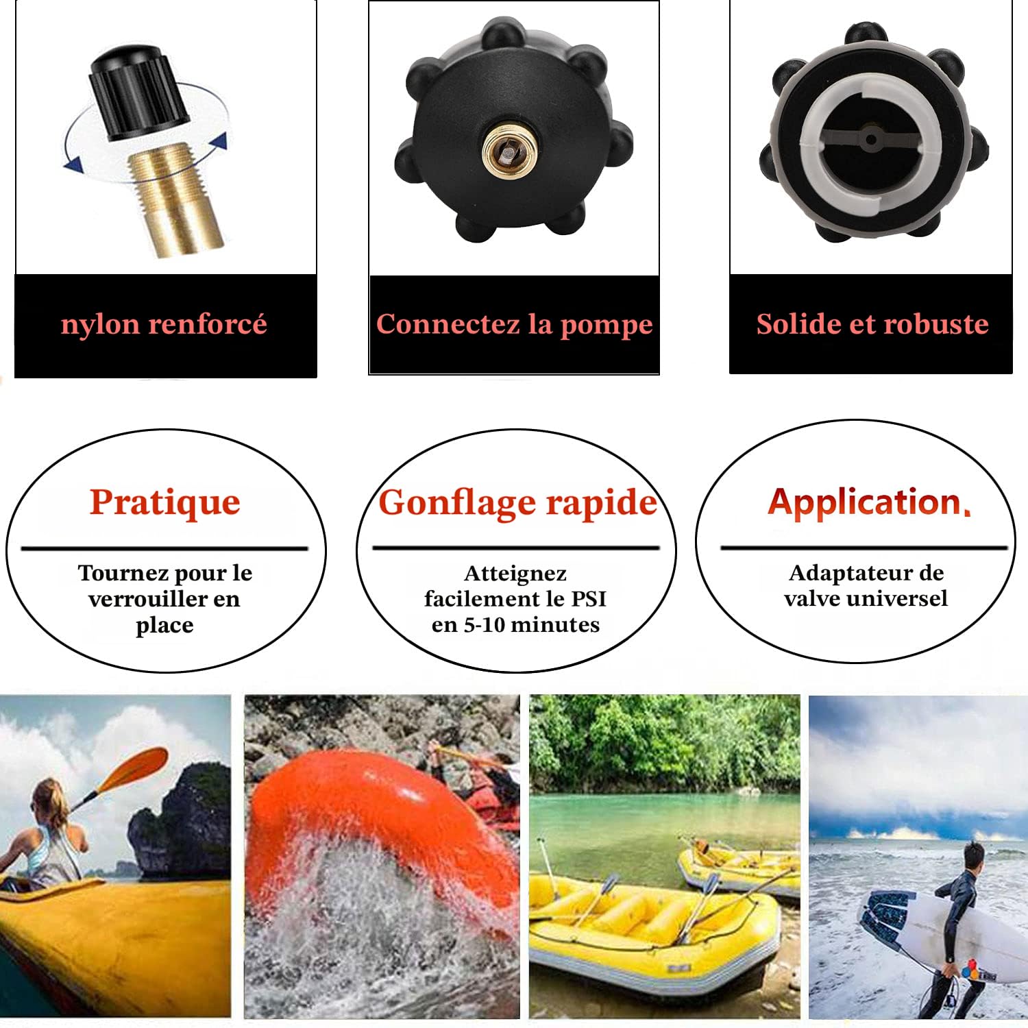 Adaptateur De Pompe SUP Universel - Multi-valves Pour Paddle, Kayak, Bateau Gonflable, Noir