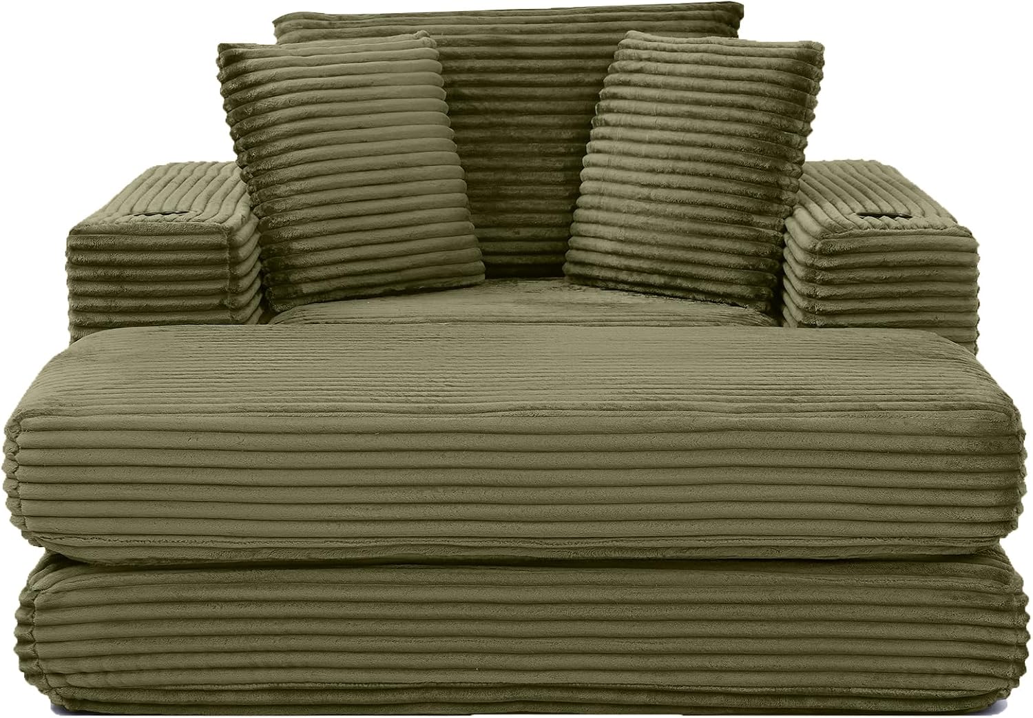 52" Corduroy Boneless Chaise Lounge Indoor, 3-in-1 Oversized Cloud Folding Sofa Bed with Ottoman & Cup Holders, Comfy Single Reading Chair for Living Room, No Assembly Required (Green) | Convertible, Breathable material, Throw Pillow, Fluffy, Comfort
