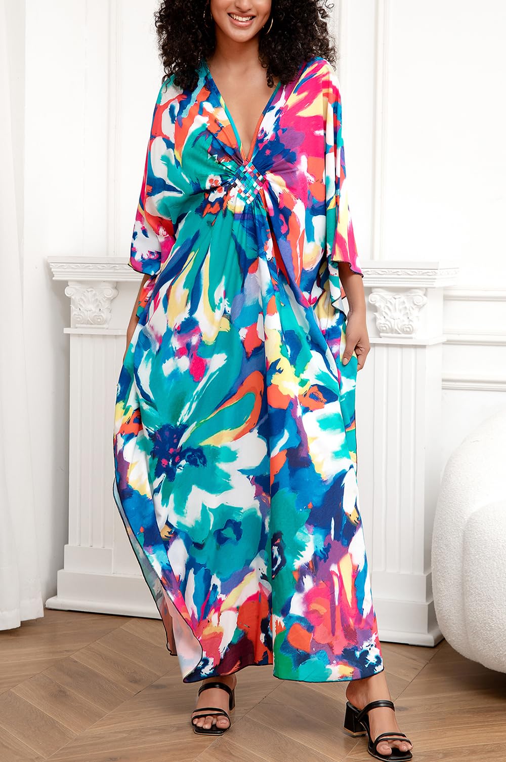 Damskie kwieciste haftowane kimono, długa letnia sukienka maxi, kaftan, na plażę, okrycie górne boho