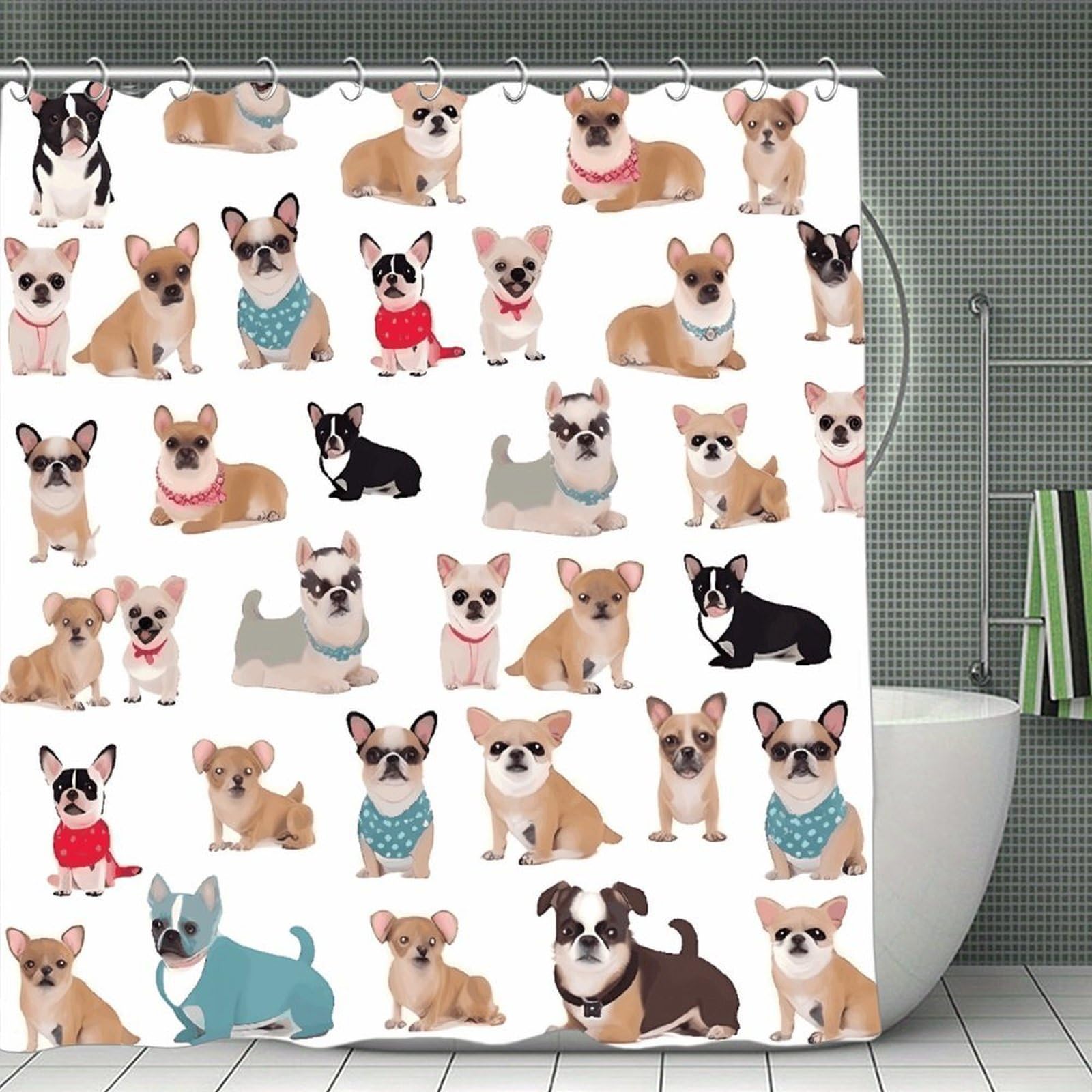 FekiLoot Cute Chihuahua Pug Pattern Shower Curtain Minimalist Thick Bathroom Curtain Washable Modern Bathroom Shower Curtain Heavy Duty Waterproof Cloth Bath Curtain with Hooks 70.8"x70.8"