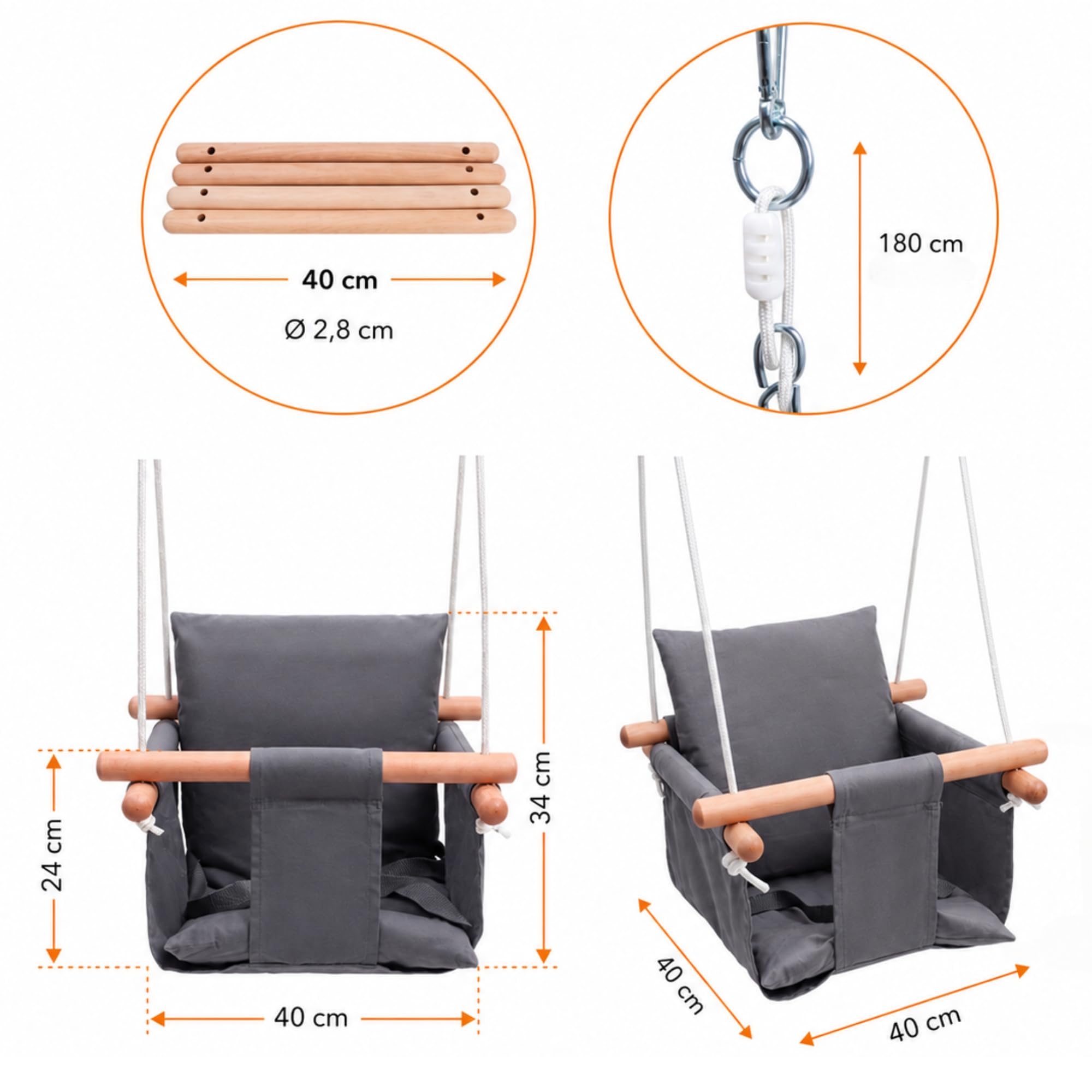 Altalena per Neonati e Bambini - Altalena da Interno in 100% Cotone e Legno di Faggio - Cintura di Sicurezza - Regolabile in Altezza - fino a 30 kg - Cuscino Grigio