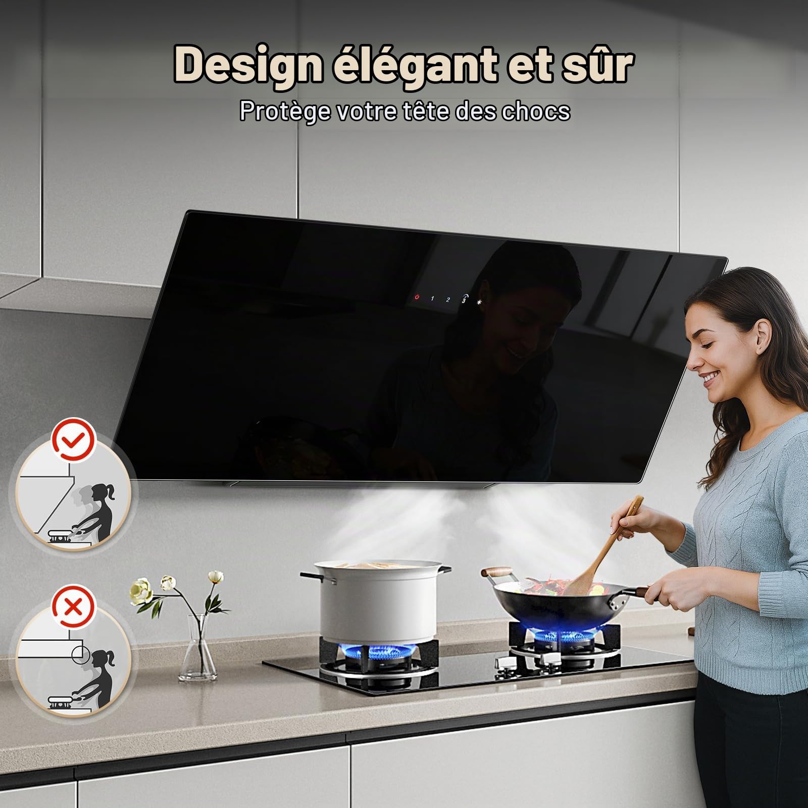 TopStrong Hotte Aspirante 90cm, Hotte de Cuisine inclinée Silencieuse, A+++ Hotte aspirante sans Evacuation ou Recyclage Inclus Filtres Charbon, 450m³/h, 3 Vitesses + Boost Fonction, 58 dB, Noire
