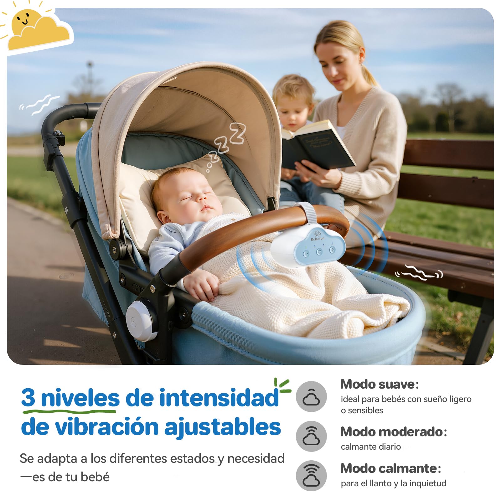 Robofun Baby Rocker, Columpio Para Cochecito De bebé, Ayuda Para Dormir Para Bebés, Temporizador De 30-60-90 Minutos, USB-C Recargable, 3 Niveles De Intensidad – Se Adapta A Todos Los Cochecitos — view 4