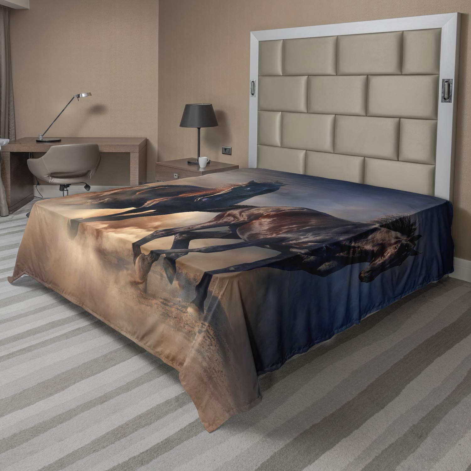 Lunarable Horse Flat Sheet, 2 Black Stallions Run at Sunset in Desert Dust Image, Soft Comfortable Top Sheet Decorative Bedding 1 Piece, King Size, Dark Blue Cinnamon