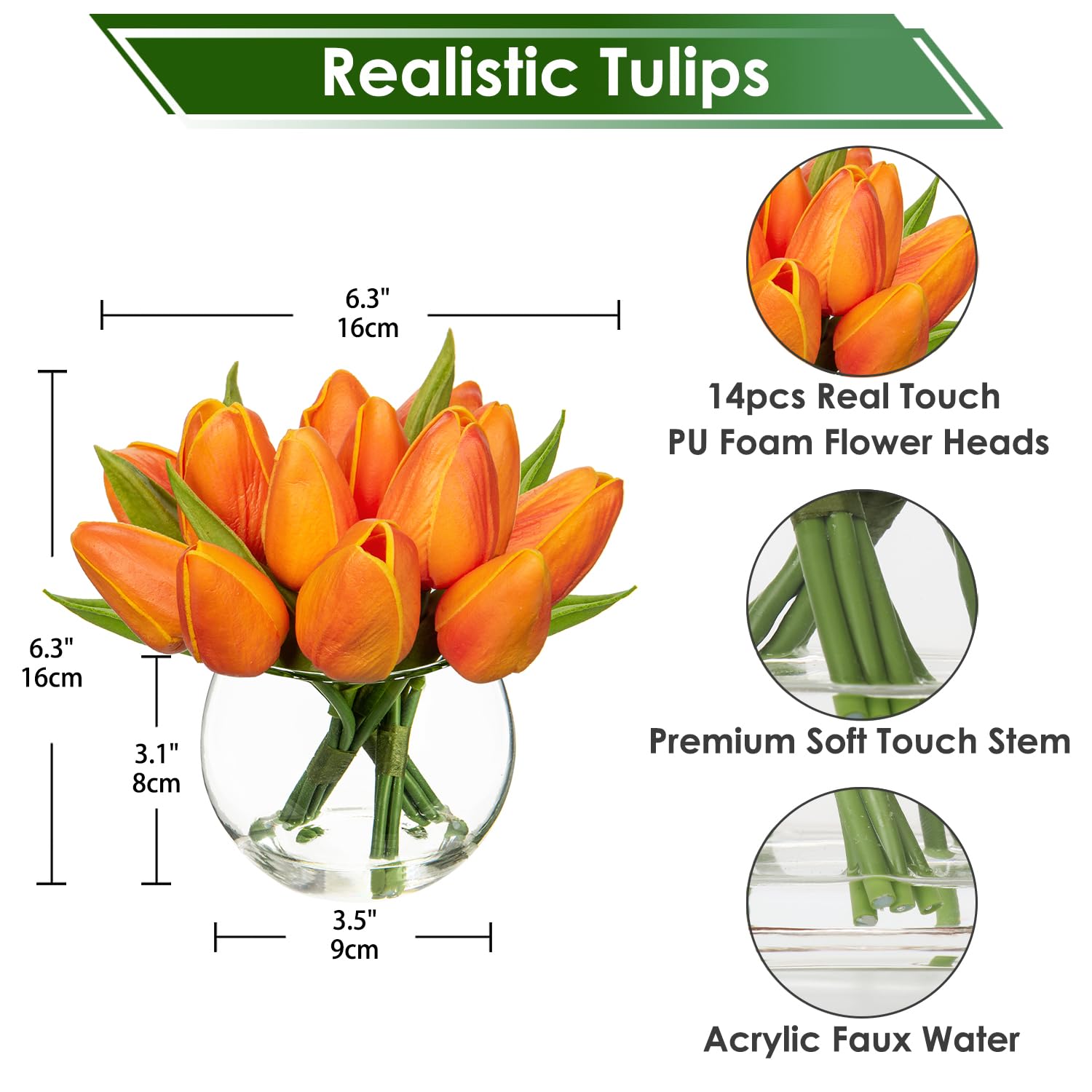 Oairse 14pcs Small Artificial Flower in Vase Real Touch Faux Tulips Flower in Cube Glass Vase with Faux Water Mini Orange Tulip Bouquet Arrangement for Home Wedding Table Centerpiece Decor - Image 2