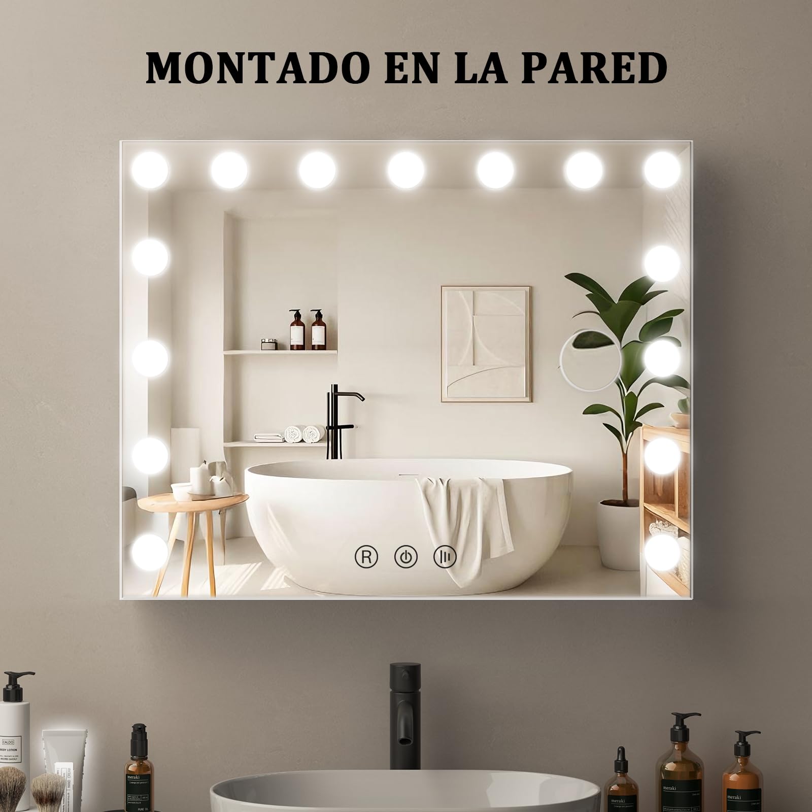 Espejo Maquillaje con Luz 58 x 46 cm, 15 LED, 3 Modos de Luz, Espejo de cortesía Hollywood, Accesorio de Aumento Incluido, Control Táctil, Función de Memoria, para Dormitorio