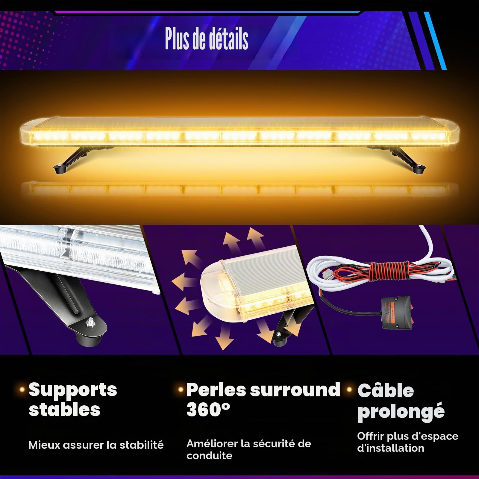 Rampe Gyrophare LED Ambre 131 cm, 96 LED, 12-24V | 15 Modes de Flash, Câble 5 m et Boîtier de Commande pour Camion, Dépanneuse, Chantier et Véhicule Agricole