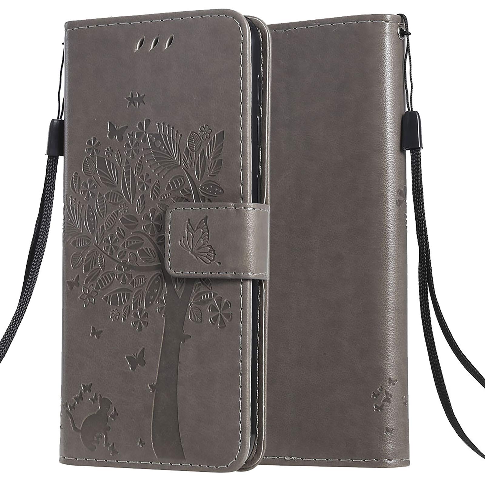 C-Super Mall-UK Mall Case for OPPO Realme 7, Embossed Tree Cat Butterfly Pattern Stand Flip Magnetic Closure Card Slots Wallet Cover, Grey