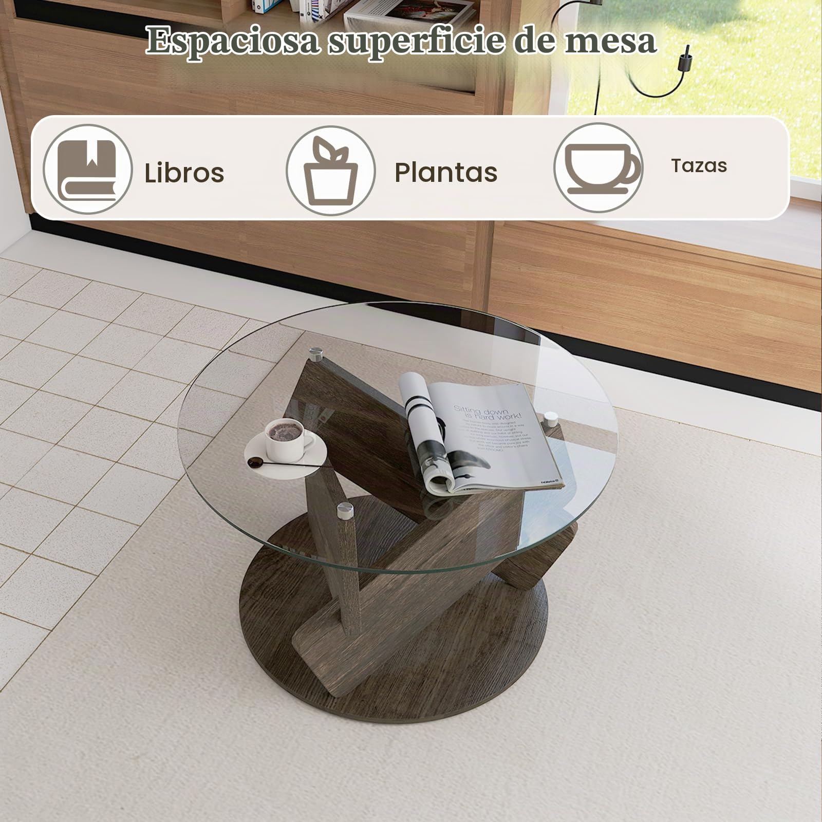 LIFEZEAL Mesa de Centro Redonda con Tapa de Vidrio Templado Transparente，Mesa Auxiliar Moderna Decorativa con Patas de Madera Sólida, Mesita Auxiliar Rústica para Espacios Pequeños (Gris)