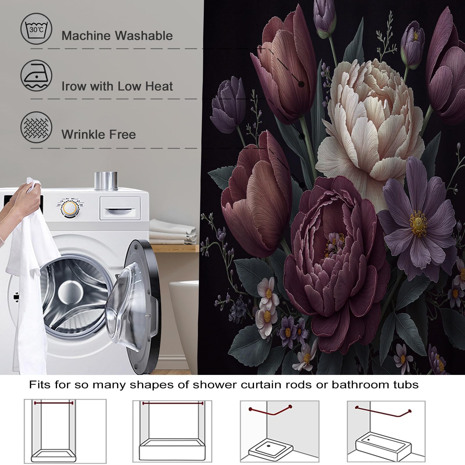 Rideau Douche,Rideau Baignoire Lavable en Machine Rideaux Douche Tissus Lavable Rideau De Baignoire Lavable pour Salle De Bain Domicile Baignoire Famille,Tulipes Pivoines,