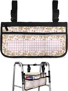 Fall Thanksgiving,Wheelchair Side Bag,Wheelchair Walker Armrest Bags with Cup Holder & Reflective Stripes,Mobility Scooter Walker Rollator Wheelchair Pink Pumpkin Flower Leaves Country Plaid