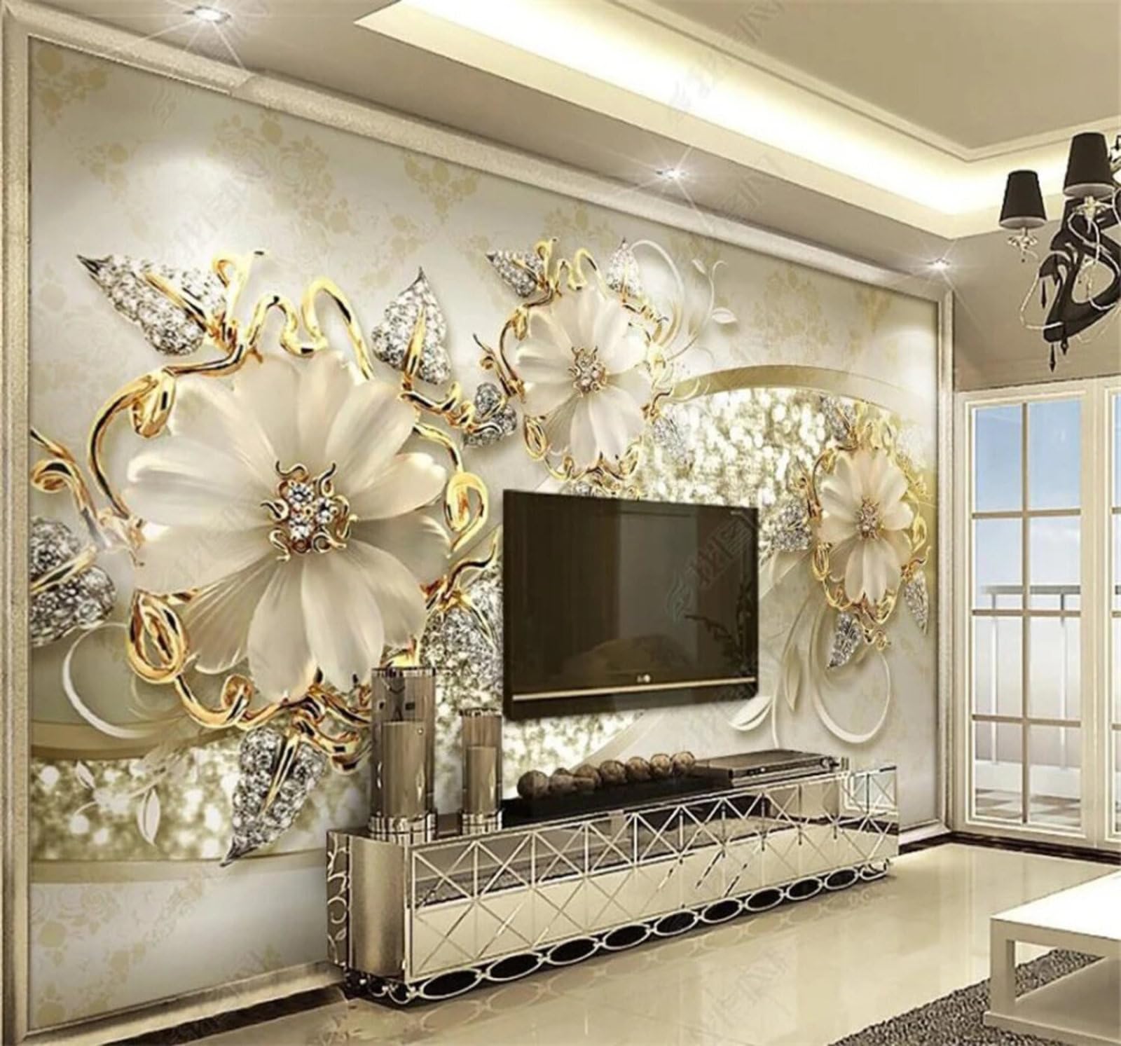 Three Dimensional Luxury Jewellery Floral Pattern 3D Wallpaper Easy Install Feature Office Living Room Sofa Bedroom TV Background Wall Decoration-200cm×140cm