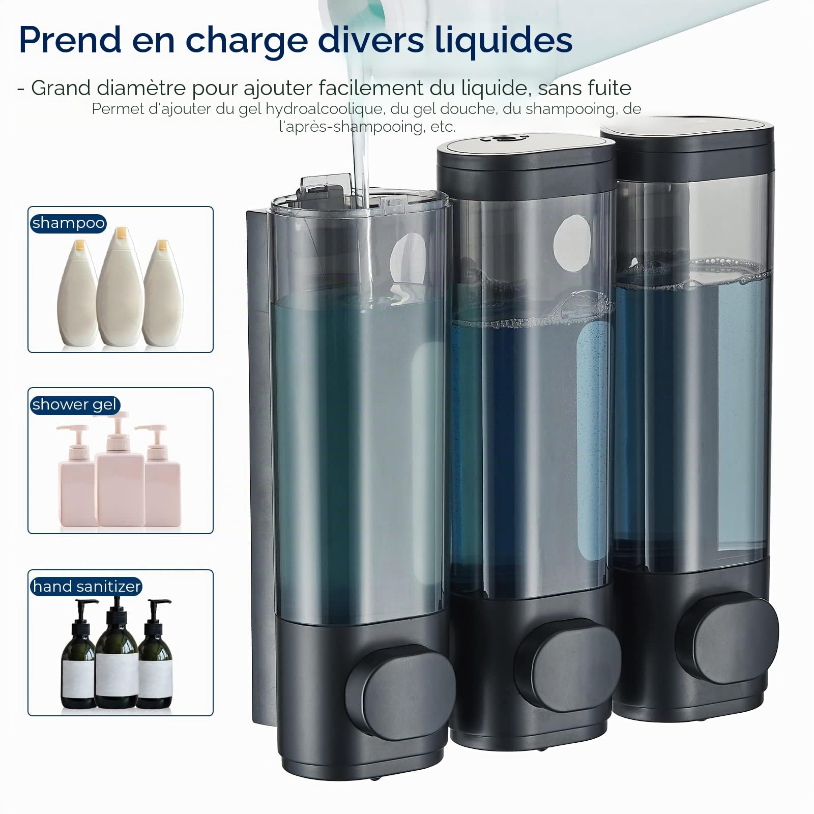Modunful Distributeur de Shampooing et d'Après-Shampoing, Distributeur de Douche à 3 Chambres sans Perçage, Mural pour Salle de Bain, Grande Capacité, Noir