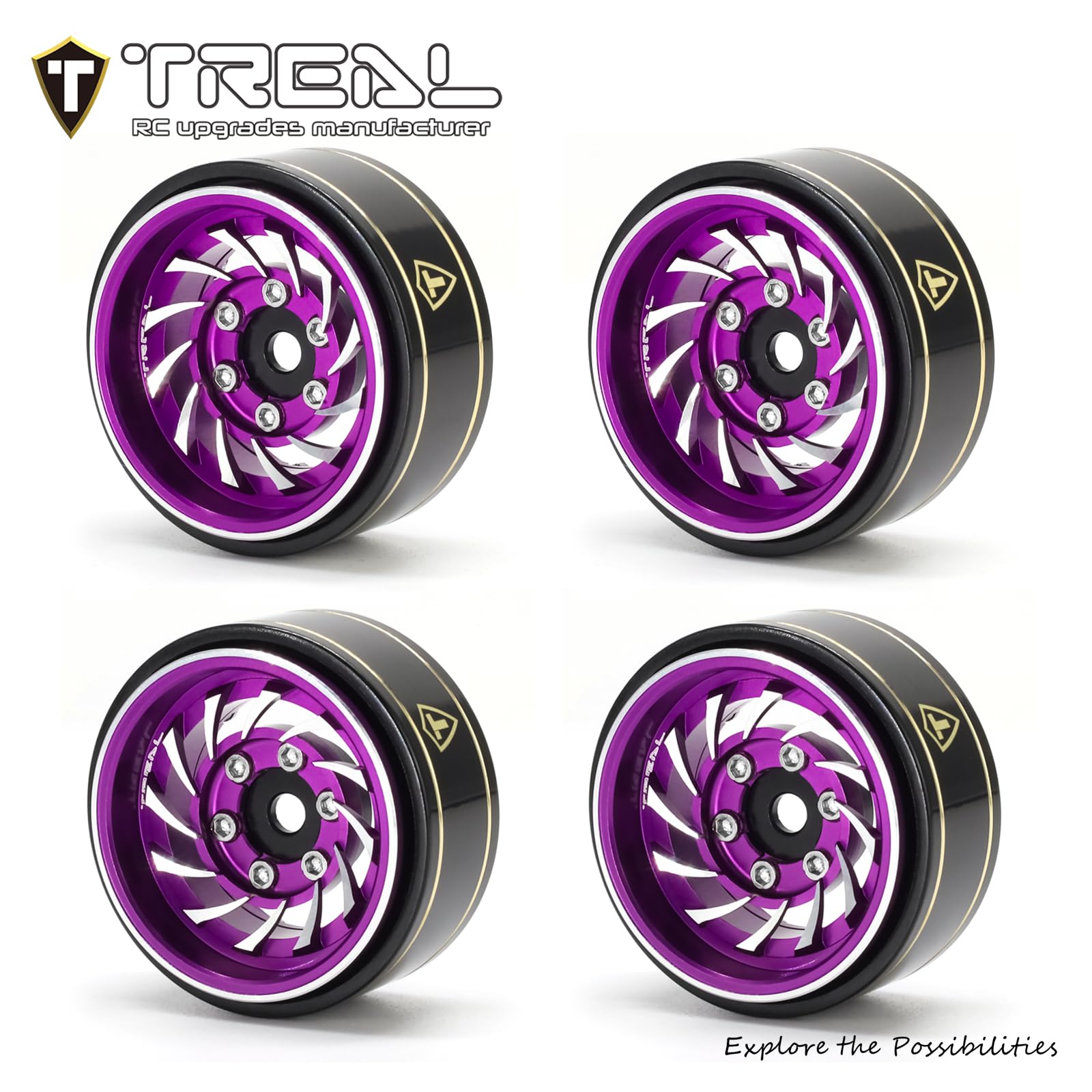 TREAL 1.0 Beadlock Wheels (4P-Pack) Whirlwind Style for 1/24 SCX24 AX24 1/18 TRX4M RC Crawlers -Type L(Purple)