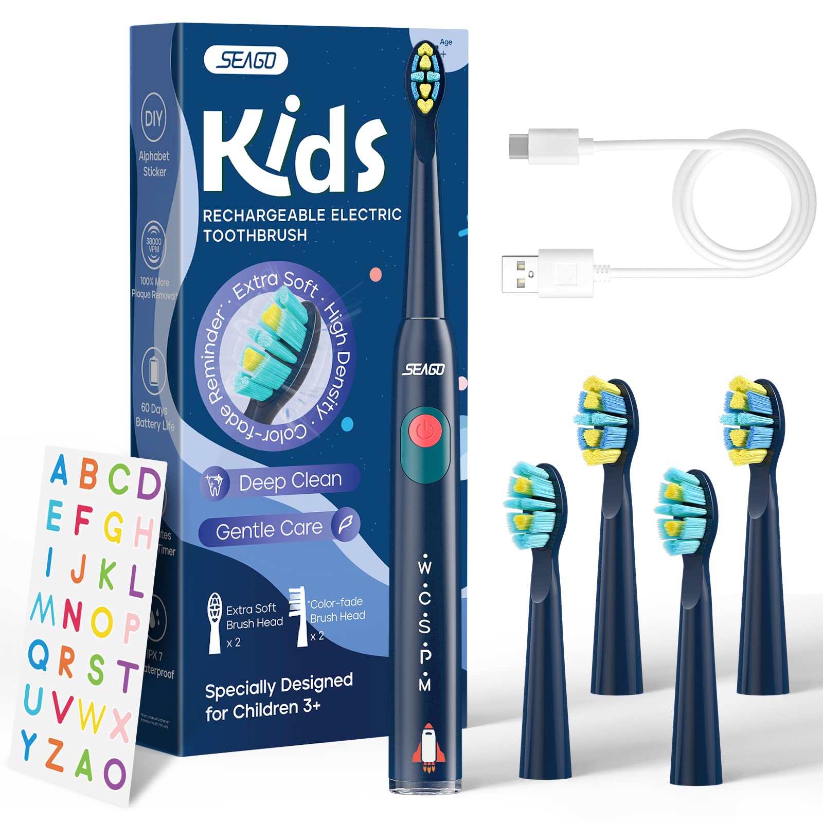 Seago Kids Electric Toothbrushes Rechargeable, Children's Power Toothbrushes with Funny DIY Stickers, 2 Mins Smart Timer, 8 Replacement Brush Heads for Ages 3-12 Boys Girls SG2303(Navy)