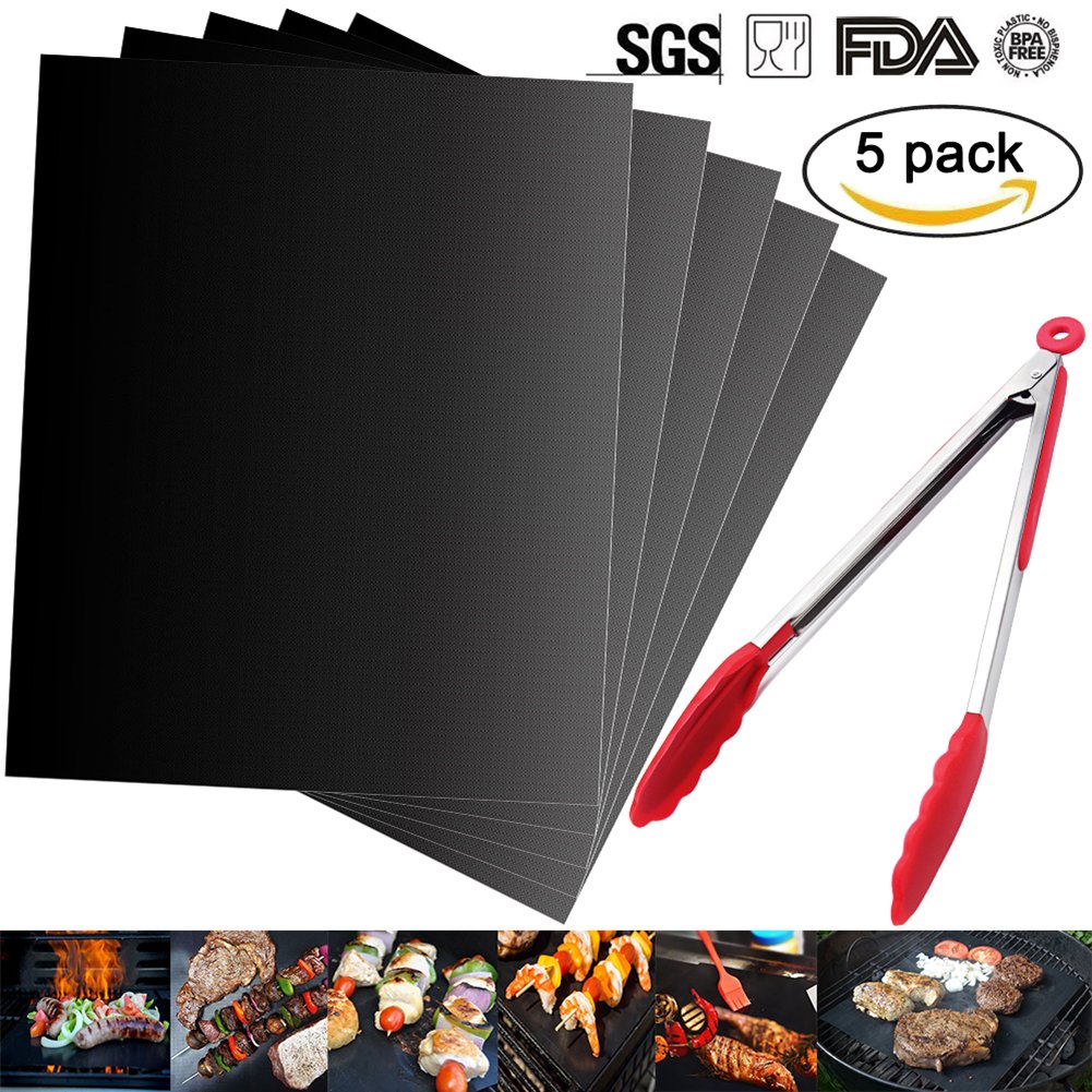 DOHOT Reusable Heavy Duty Non-stick Barbecue Grill Mat,Durable Heat Resistant Cooking BBQ Mat with Grill Tong - FDA-Approved,PFOA Free,Easy to Clean,(5 Pack with Grill Tong)