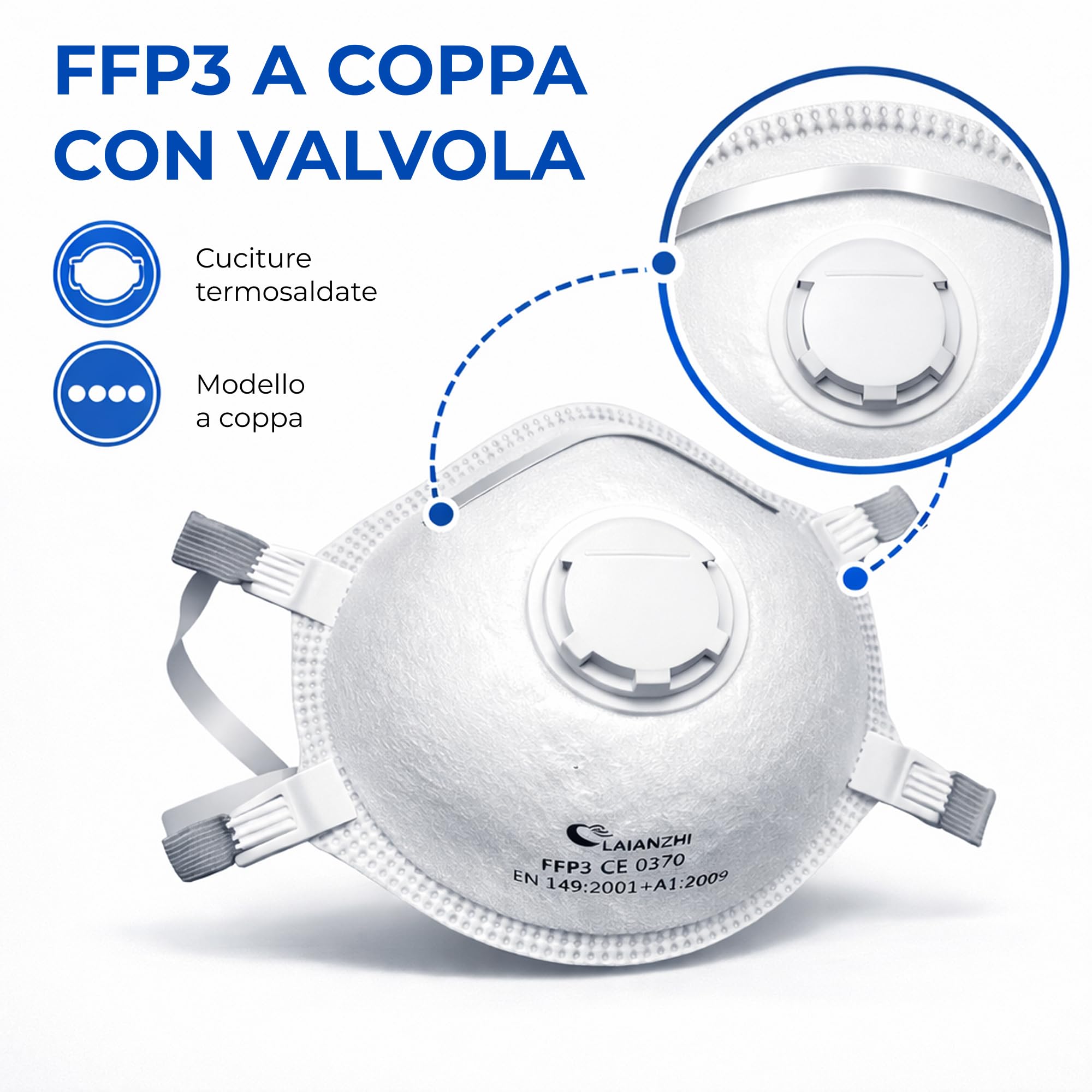 FFP3 NR Mascherina a Coppa con Valvola | Alta Protezione | EN149:2001+A1:2009 | DPI CE 425/2016 | Con Lacci Nucali |