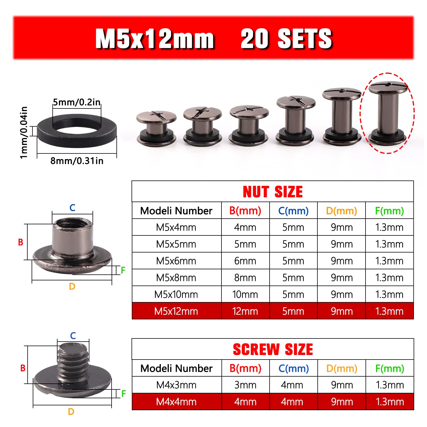 YIXISI 20 Set M5x12mm Chicago Binding Screws Kit, Book Binding Rivets, Leather Rivets, Binding Screws Posts - Image 2