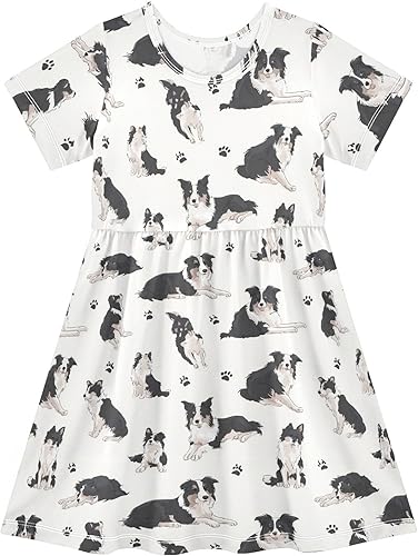 Border Collie Dog Poses Girls' Short Sleeve Dress Girls' Dress for Summer Quick-