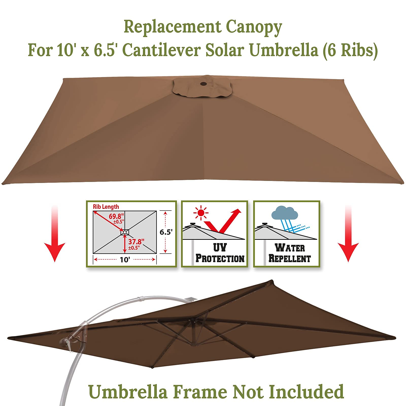BenefitUSA Replacement Canopy Cover for 10' X 6.5' Cantilever Patio Umbrella Offest Parasol Top Replacement (Brown)