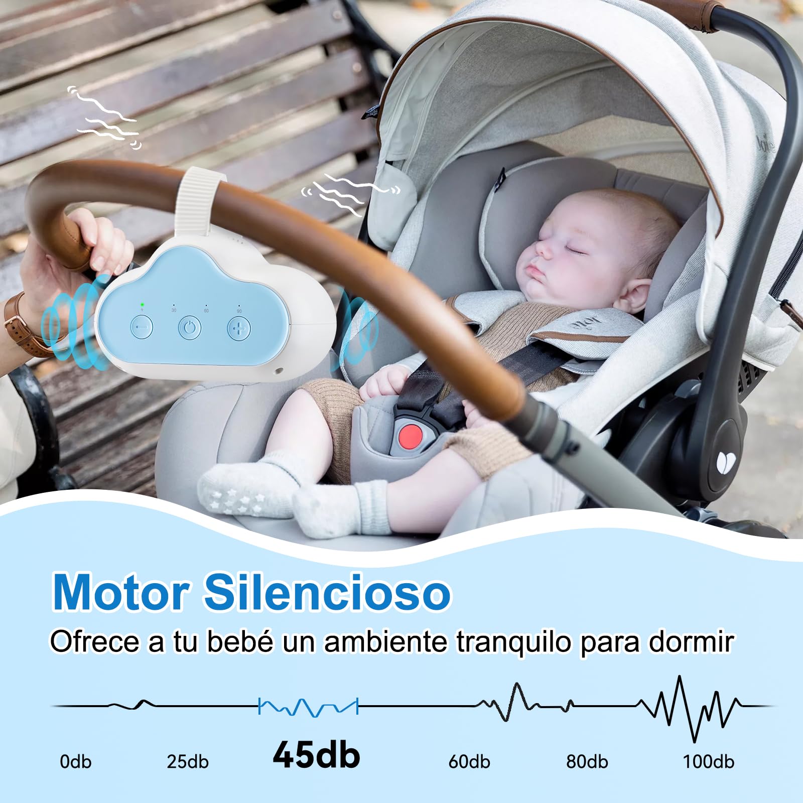 Baby Rocker Recargable, Mecedora Carro Bebe con 3 Intensidades de Balancín Ajustables y Temporizador de 30, 60, 90 Minutos, Balancea Suavemente Cochecito