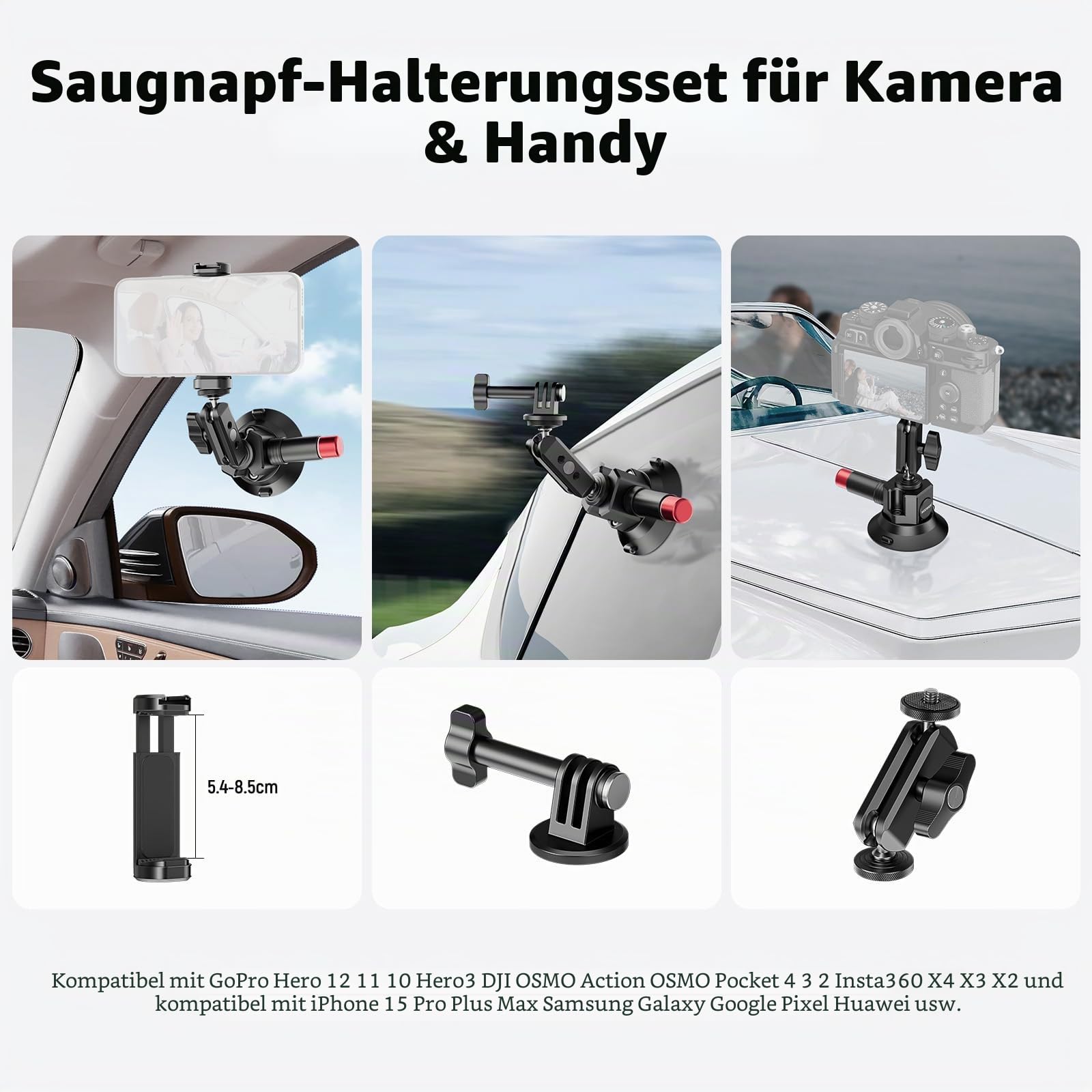 NEEWER 3" Kamera Halterung mit Saugnapf, Magic Arm mit Kugelkopf kompatibel mit ARRI 1/4" Löchern, Auto Halterung mit Handyhalter und Action Cam Adapter kompatibel mit iPhone GoPro DJI Insta360, CA104
