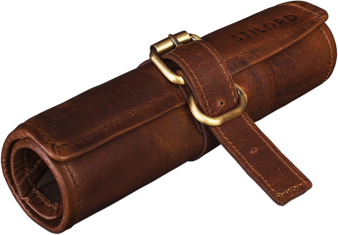 STILORD "Felix" Pen Case Leather Vintage Style Stationery Pencil Pouch Bag Office College Artist Buffalo Leather Colour:Cognac Dark Brown