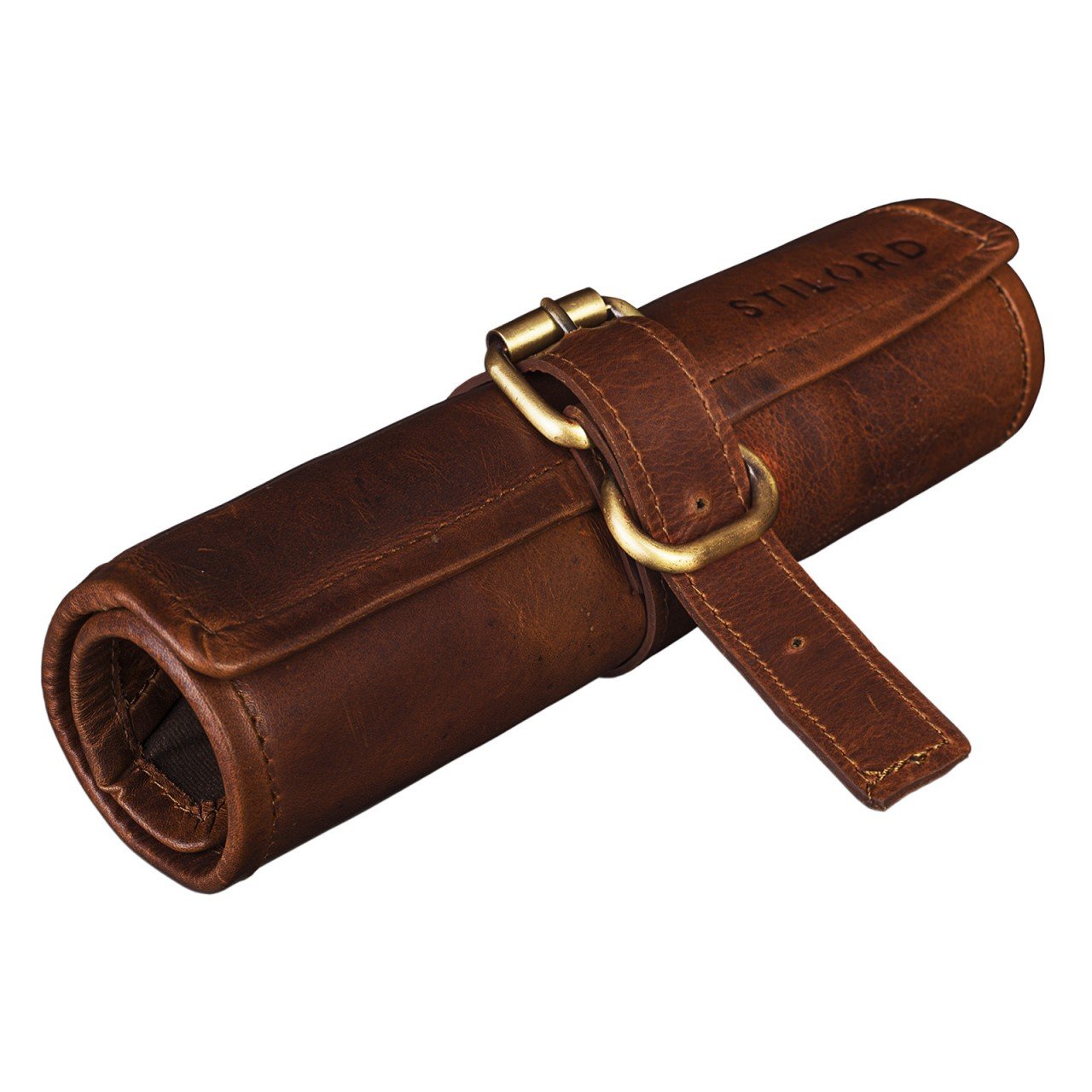 STILORD Felix Trousse en Cuir Etui Scolaire Stylo Sac Pochette Ronde Rouleau Vintage Plumier Organisateur Travail Université Couleur:Cognac Marron