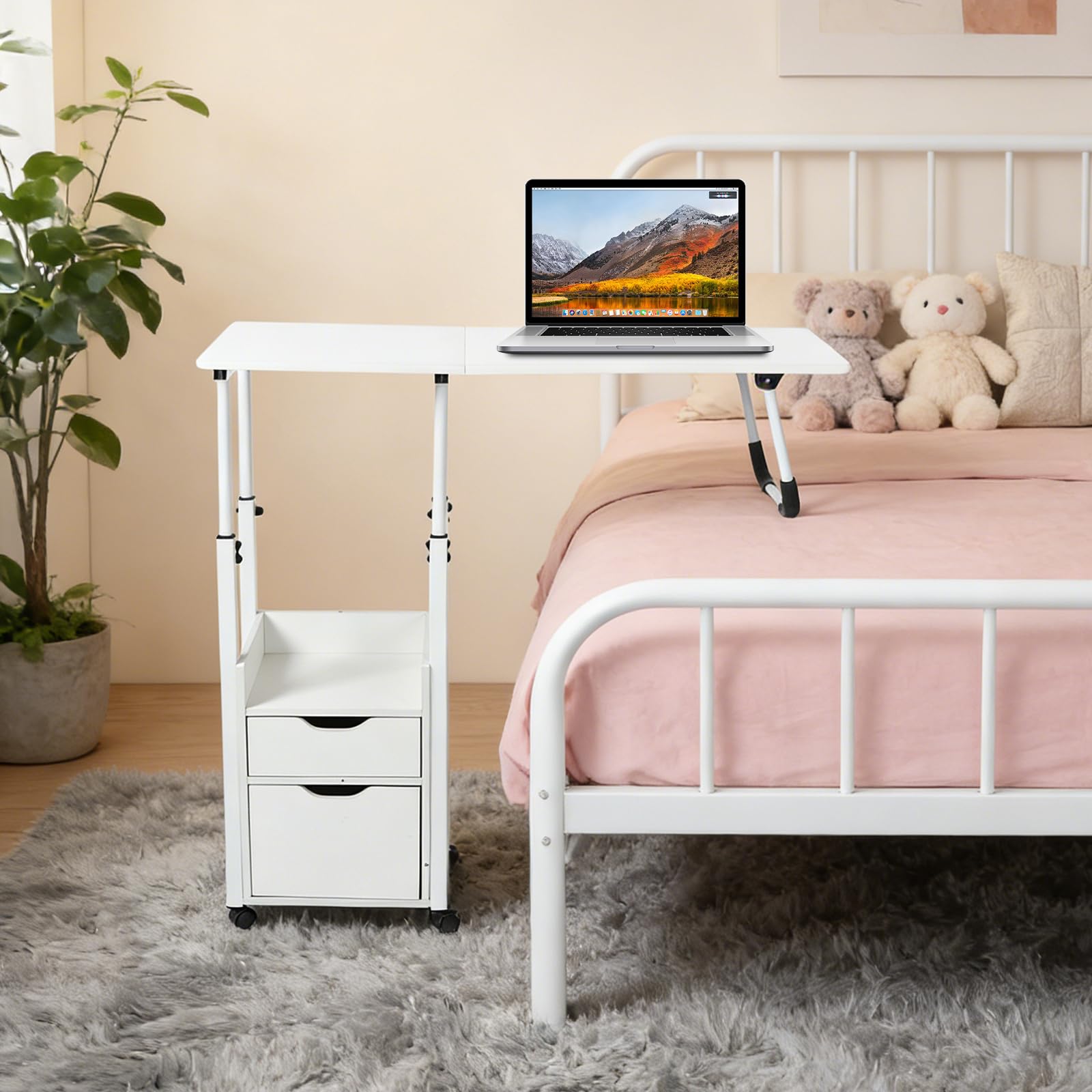Mesa De Cama Móvil, Mesa De Cama Ajustable Para Ordenador Portátil, Mesas De Recogida Con Ruedas Con Cajones, Escritorio De Ordenador Portátil Ajustable En Altura Para Hogar, Oficina Y Estudios
