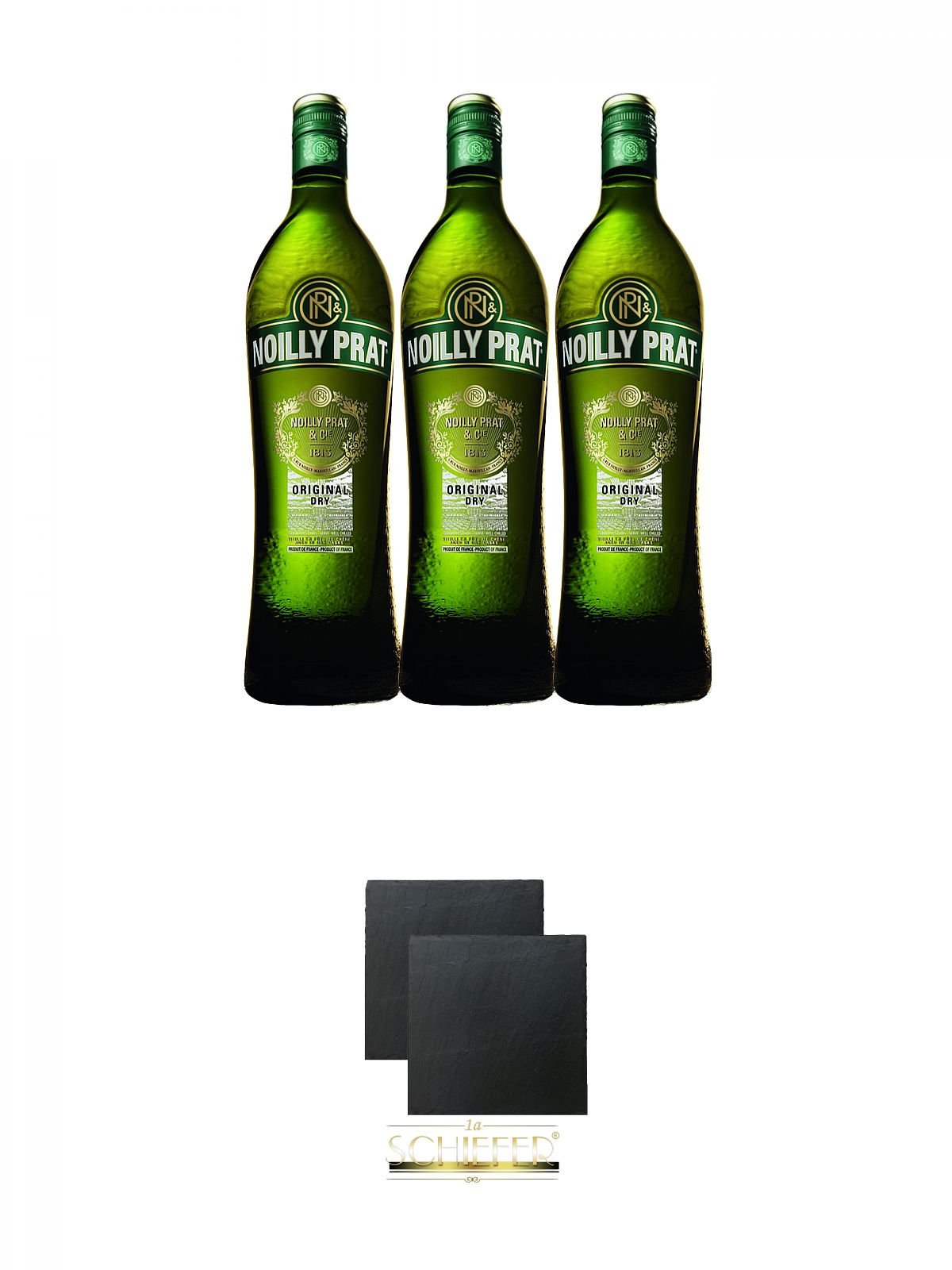 Noilly Prat Dry 3 x 0,75 Liter + Schiefer Glasuntersetzer eckig ca. 9,5 cm Ø 2 Stück