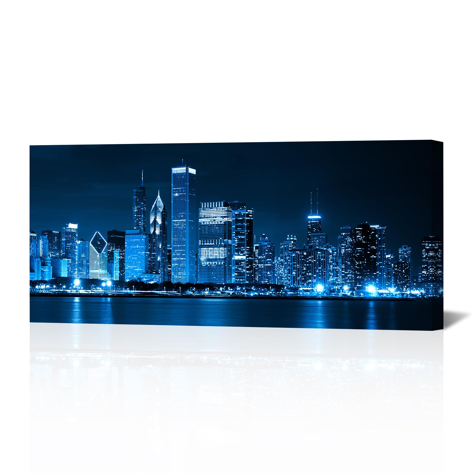 YeiLnm Chicago Wall Art Cityscape at Night Picture Blue Office Wall Decor