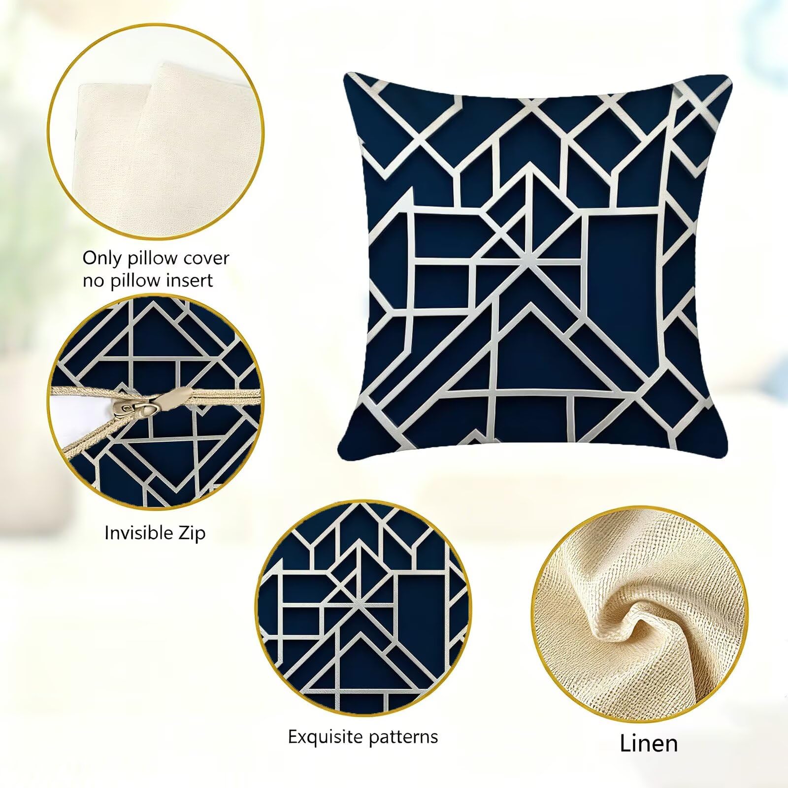 Blu Federe Cuscini Divano 60x60cm, Cuscini da Esterno Set de 4, Cod-124 | Lin Copricuscini Decorativi Letto Arredo, per Letto, Soggiorno, Giardino, Esterno, Casa Decorazione Set di 4 Linea